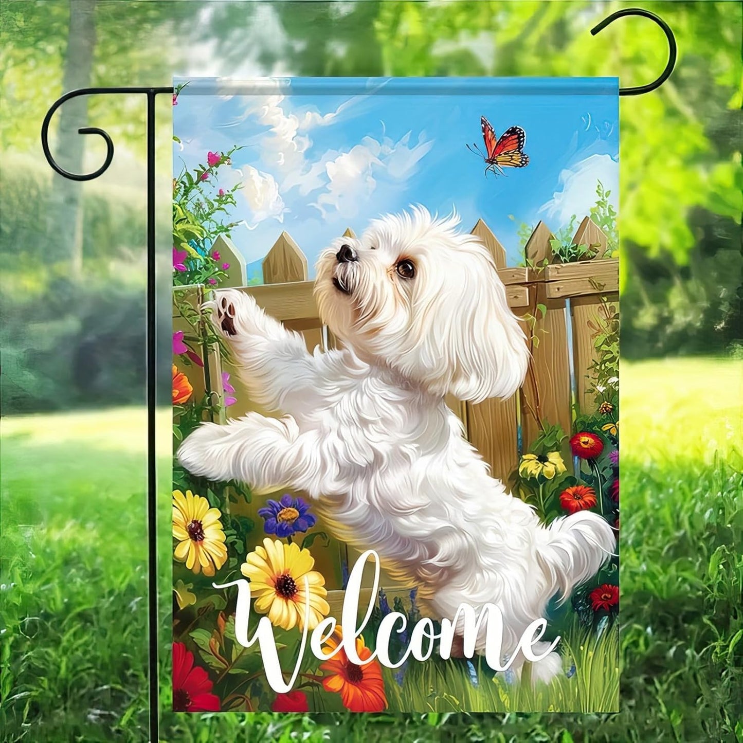 BlissYard Welcome Spring Summer Flowers Maltese Dog Garden Flag Lovely Floral Seasonal Home Decor Banner 12x18 Double Sided Funny Dog Garden Flag Farmhouse Outdoor Yard Decoration Flag