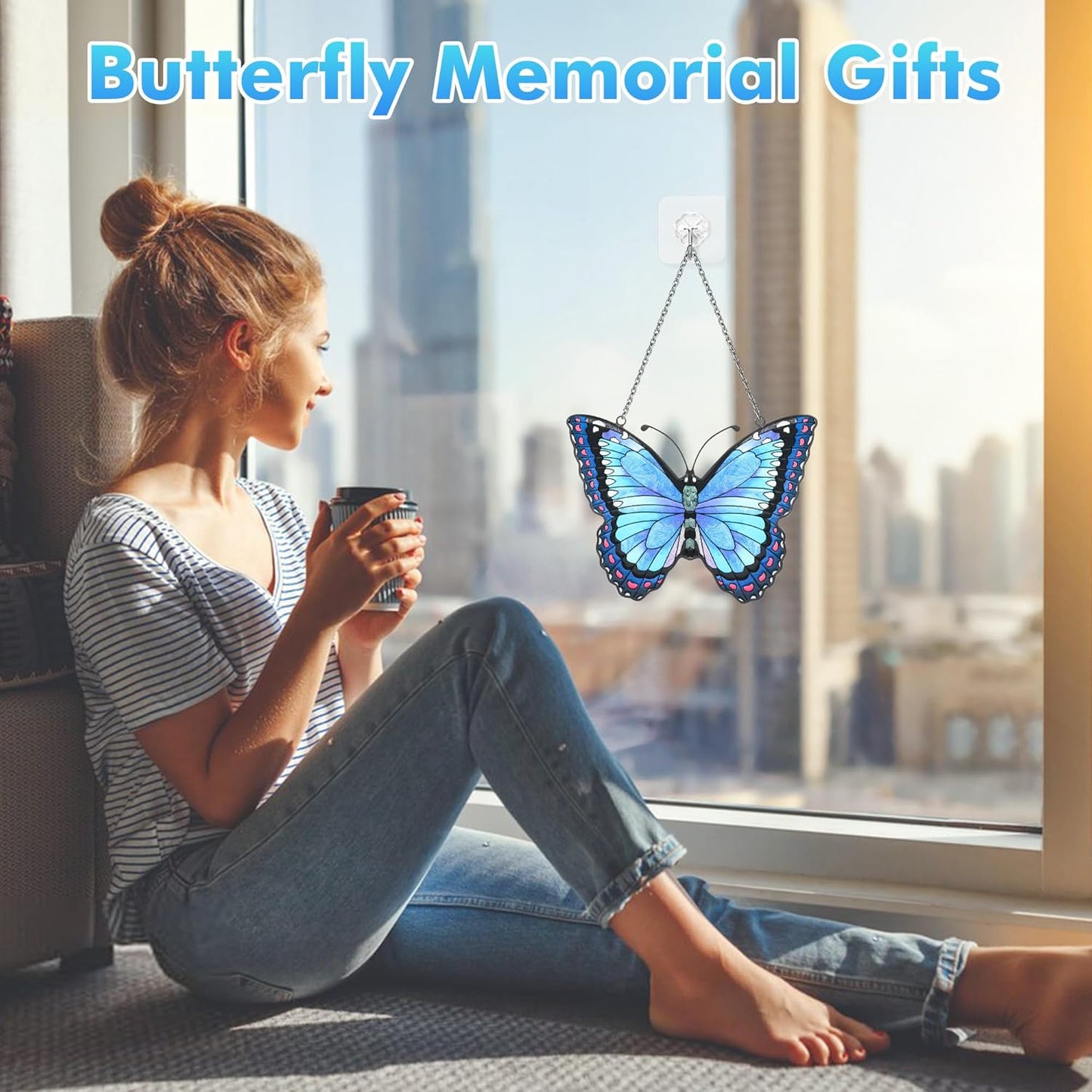 Blue Butterfly Suncatcher Stained Glass Window Hanging Butterfly Ornaments Gift for Mom, Women, Wife, Mother's Day (Blue)