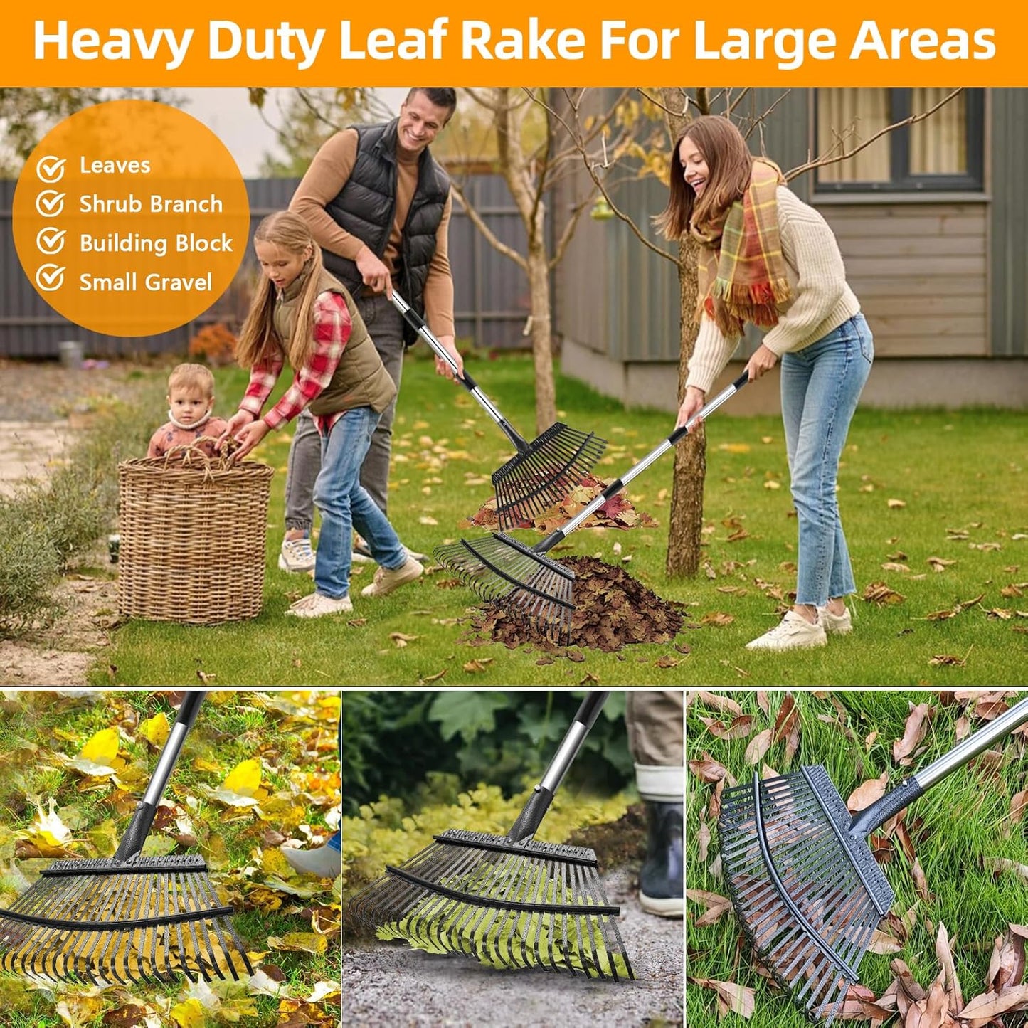 Rake for Leaves, 65 Inch Adjustable Long Handle Garden Leaf Rake, 18 Inch Wide Heavy Duty with 25 Metal Tines for Lawns Yard Shrubs Grass Gardening Camping Garbage Thatch