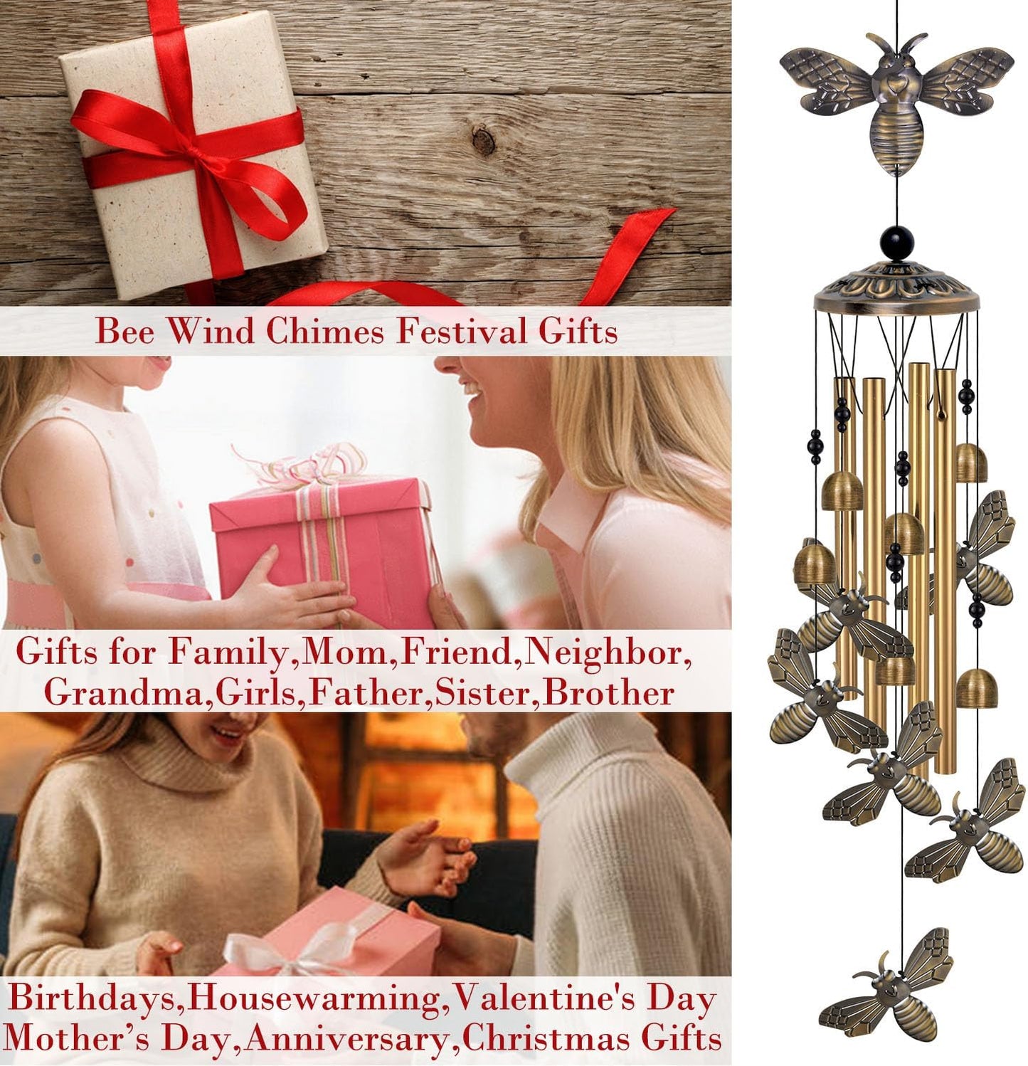 Bronze Bee Wind Chimes Decor, Mobile Blessing Wind Bells Decorate, Sympathy Wind Catcher, Memorial Gifts for Mom,Grandma,Woman (Housewarming/Outside/Indoor/Home/Room/Porch/Yard/Garden Decoration)
