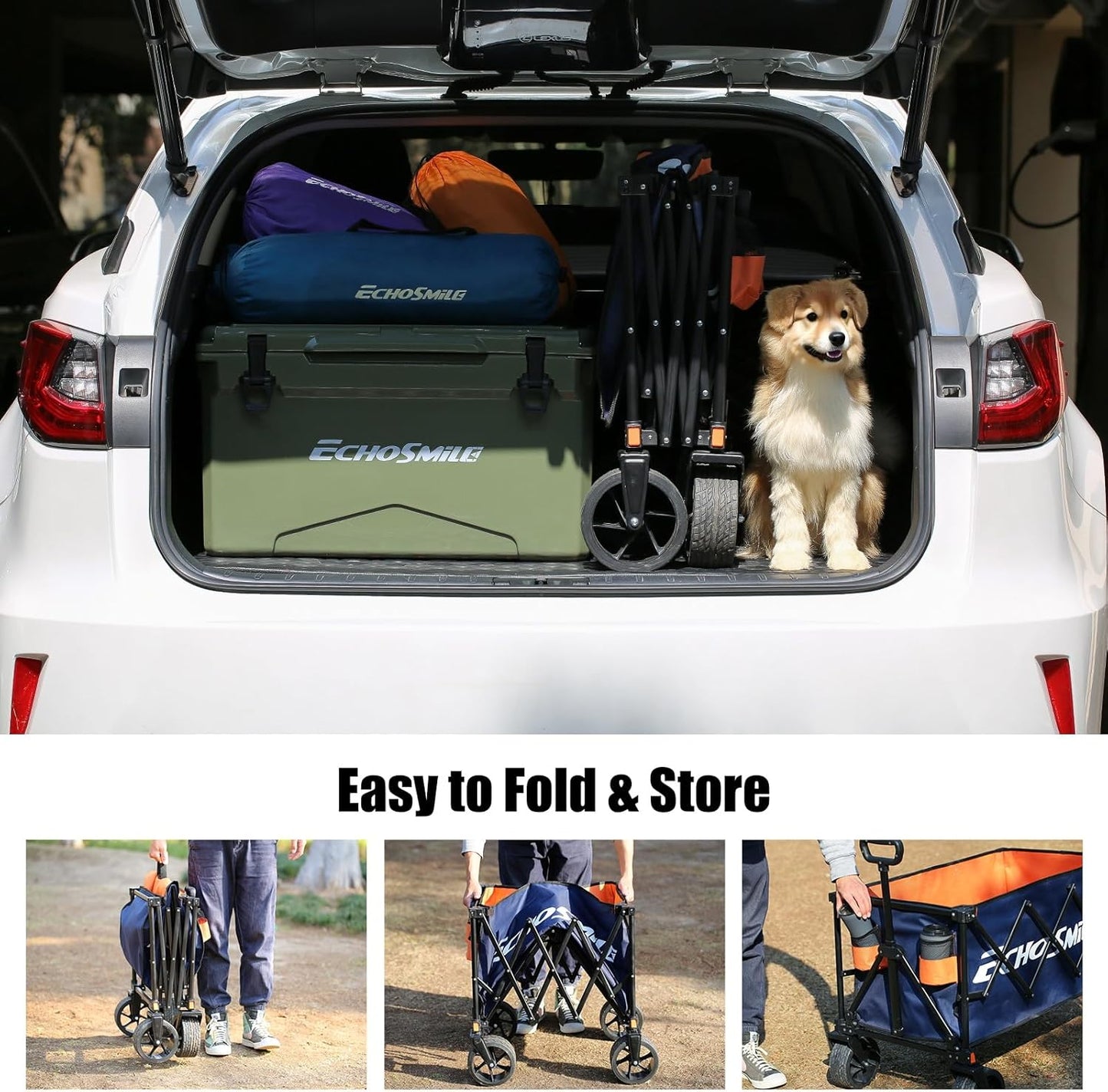 EchoSmile Collapsible Folding Wagon Cart 360lbs, Heavy Duty Garden Utility Cart with All Terrain Wheels, Large Capacity Outdoor Wagon for Camping, Beach, Shopping, Picnic (Blue Orange)