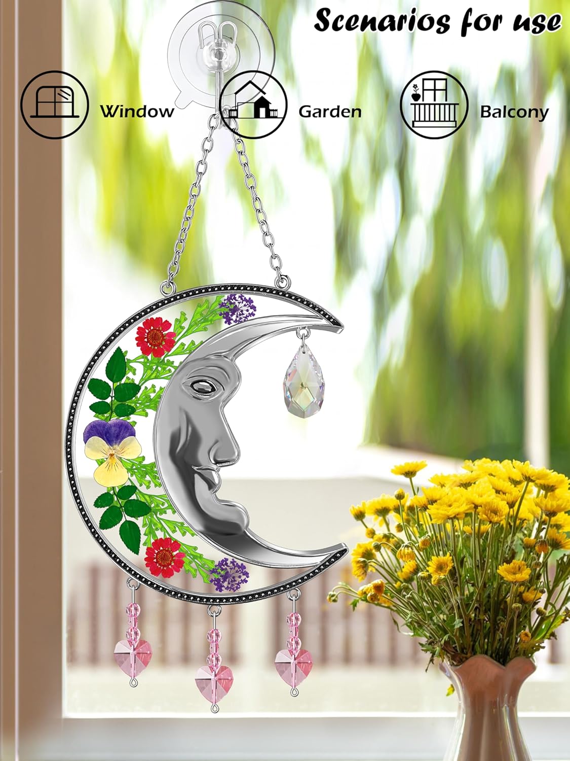 KY&BOSAM Moon Suncatchers Crystal Sun Face Gifts for Mom Family Friends Stained Glass for Windows Wind Chimes Real Flower Colorful Crystal Outdoor for Garden Indoor Home Trees Patio Yard Porch Decor