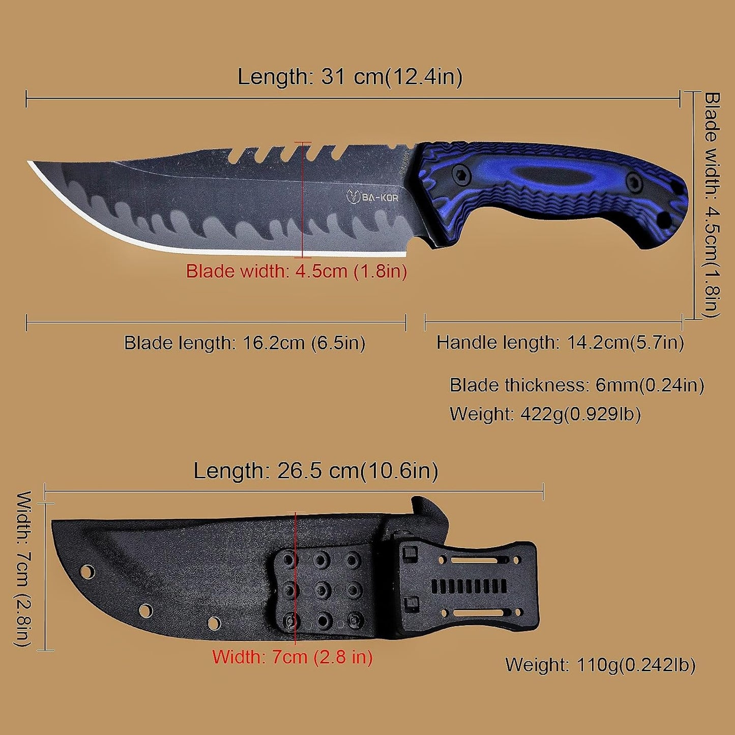 BA-KOR 12.4in Full Tang Fixed Blade Hunting Knife – 6mm 9CR18MoV Steel, G10 Handle, Stonewashed Sawback Blade with Kydex Sheath & Fire Starter for Outdoor, Camping, Survival (Blue and black stripes)