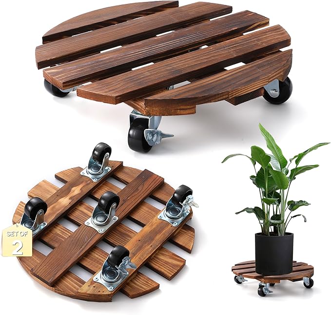 ZXZYHFTY Round Original Wooden Plant Stand with Wheels, 2 Packs Rolling Plant Stand with 360°Lockable Wheels for Vertical Garden Towers, Vertical Planting Tanks, Plant Pots, Wastebaskets (12")
