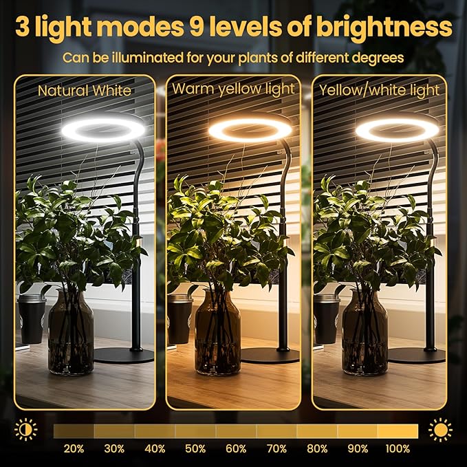 bseah Grow Light, LED Plant Light for Indoor Plants Growing, Full Spectrum Desk Grow Lamp with Pedestal, Automatic Timer for 3H/9H/12H, 10 Dimmable Levels, Height Adjustable