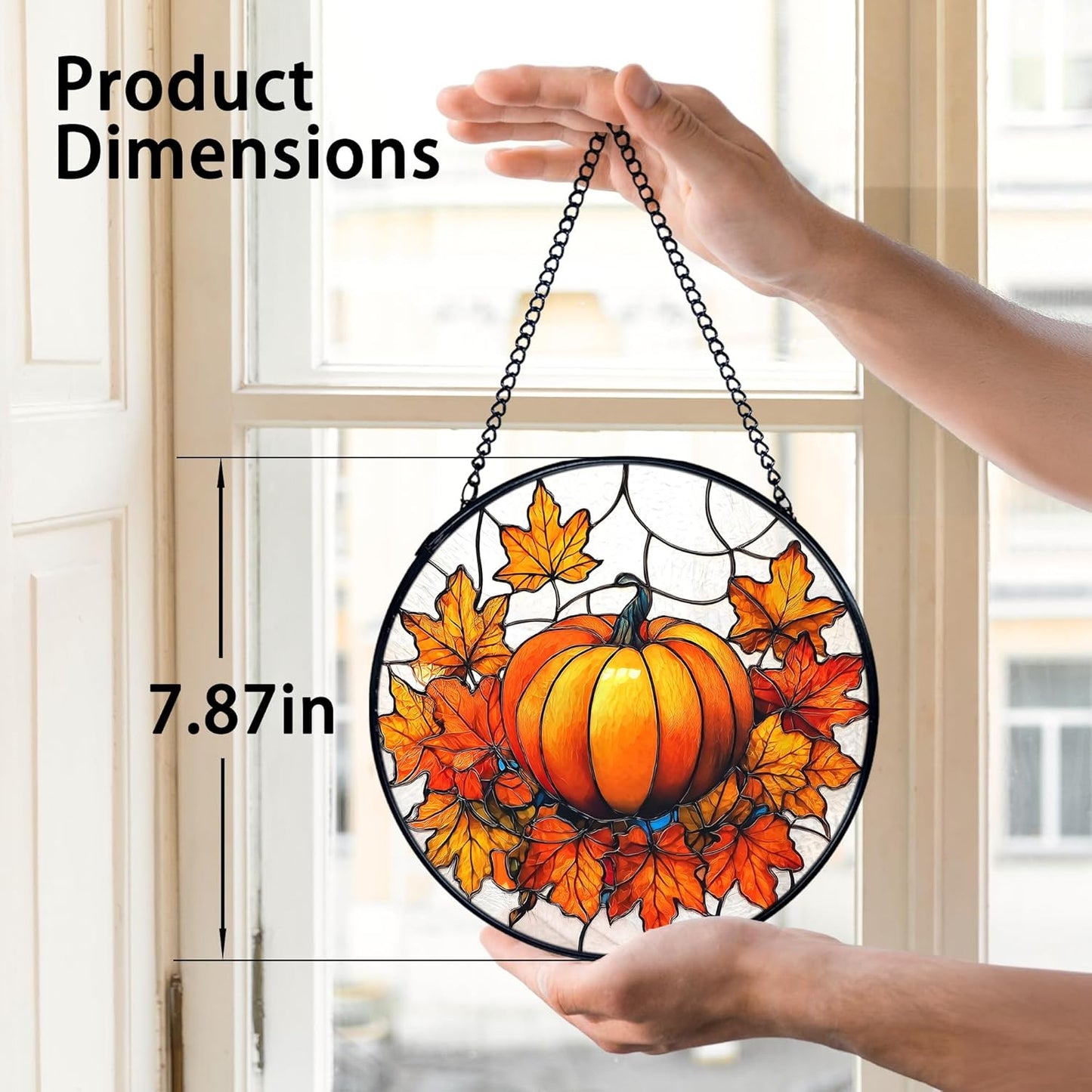 TNUW Fall Pumpkin Stained Glass Window Hanging, Farmhouse Autumn Pumpkin Maple Leaf Sun Catchers Indoor Window Glass Round Wall Art Decor, Rustic Fall Wall Hanging Decorations, 7.9"x7.9"
