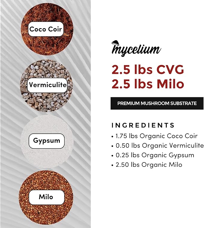 Mycelium's Superior Dung-Loving Mushroom Substrate & Milo Grain 5 LB All-in-One Bag – Organic Coco Coir, Vermiculite & Gypsum Formula, Pre-Sterilized & Ready for Easy Home Cultivation