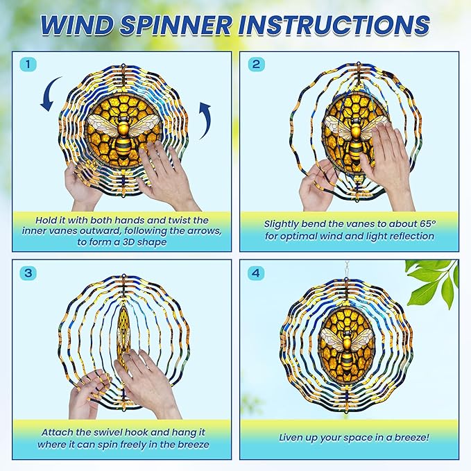 FLAGWIX Christmas Bee Wind Spinners Outdoor - 3D Stainless Steel Metal Wind Spinners 12 in - Bee Gifts Decorations for Home, House Outdoor Garden Decor for Outside, Christmas Garden Gifts for Women
