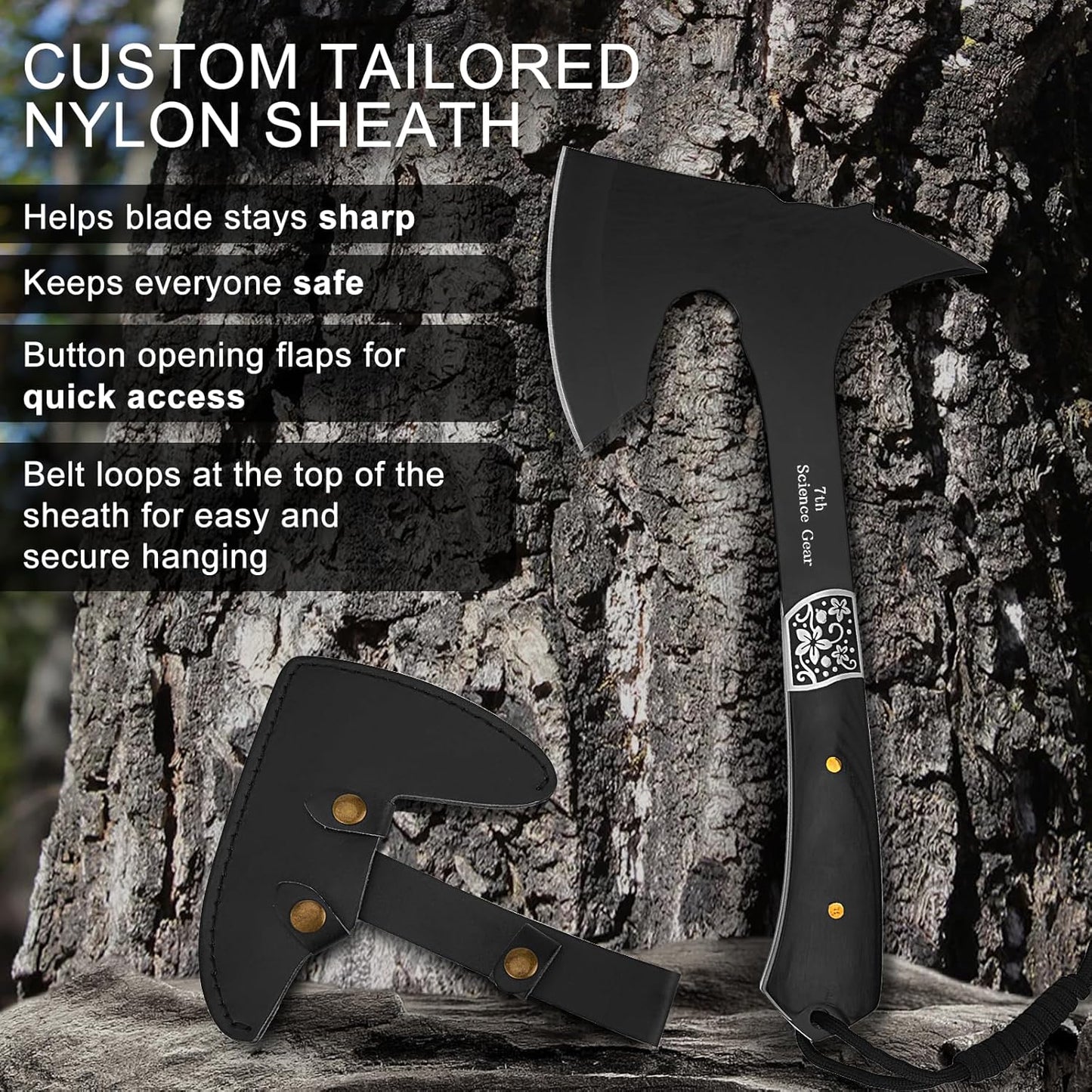 Camping Hatchet Axe with Leather Sheath – 13" Full Tang Compact Survival Tomahawk with Wood Handle for Outdoor Backpacking, Bushcraft, Hiking, and Camping