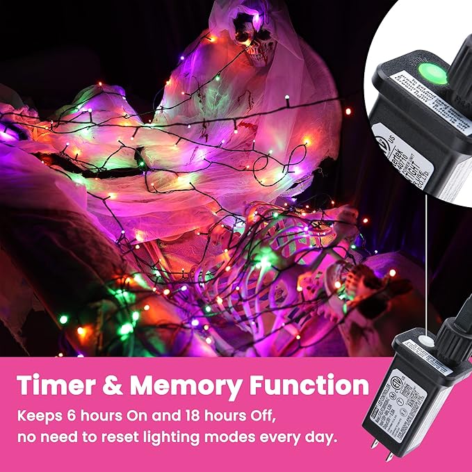 82ft 200 LED String Lights with 8 Modes, Waterproof Low Voltage Orange & Green & Purple Fairy Lights for Halloween Party, Garden, Indoor Outdoor Decorations