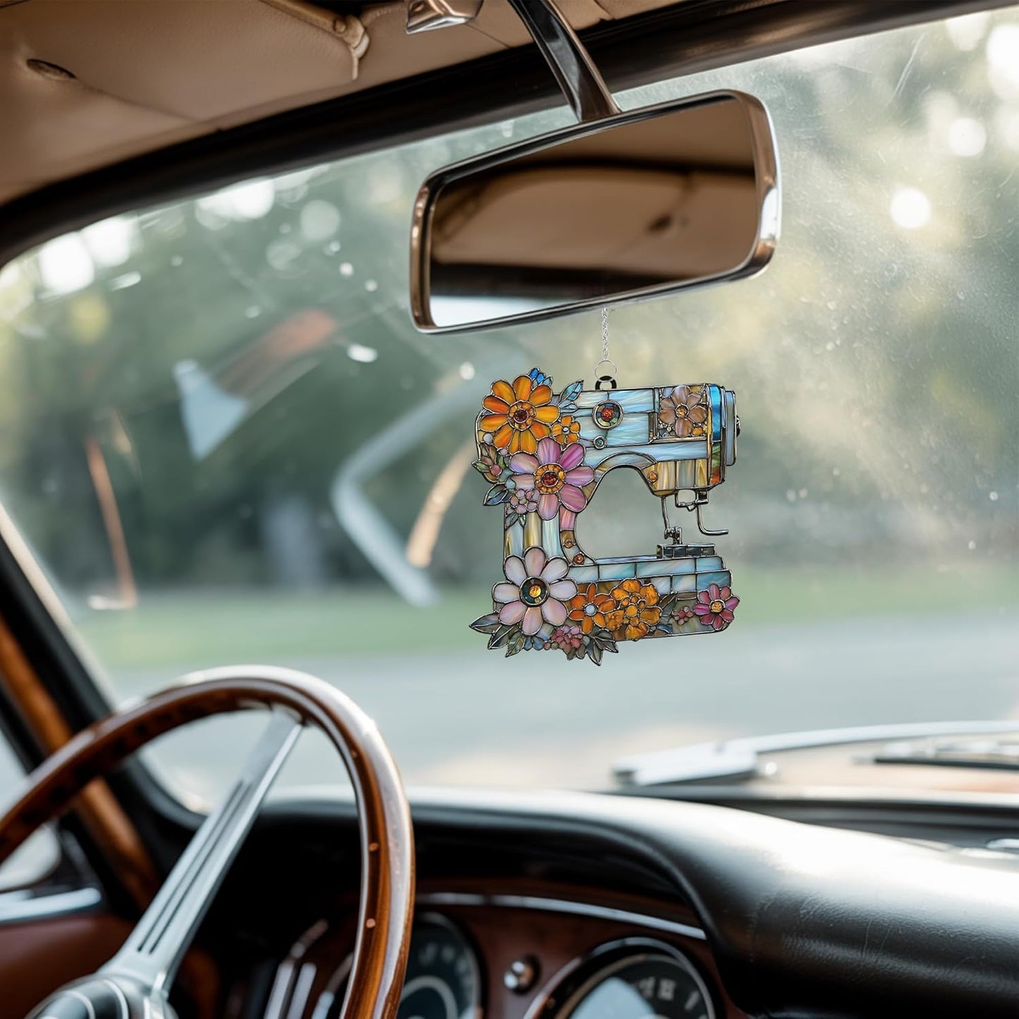 Vintage Sewing Machine Acrylic Suncatcher Stained Glass Effect Window Car Hanging Christmas Ornament Indoor Outdoor Decor Garden Sun Catcher Panel for Sewing Lover for Women Mom Grandma
