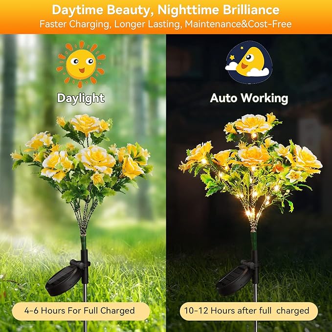 Neporal Solar Garden Lights Outdoor Dusk to Dawn, Carnation Solar Flowers Outdoor Waterproof IP65 for Garden Decor Yard Decor Patio Decor, Garden Solar Lights Outdoor Gardening Gifts for Women 4-Pack