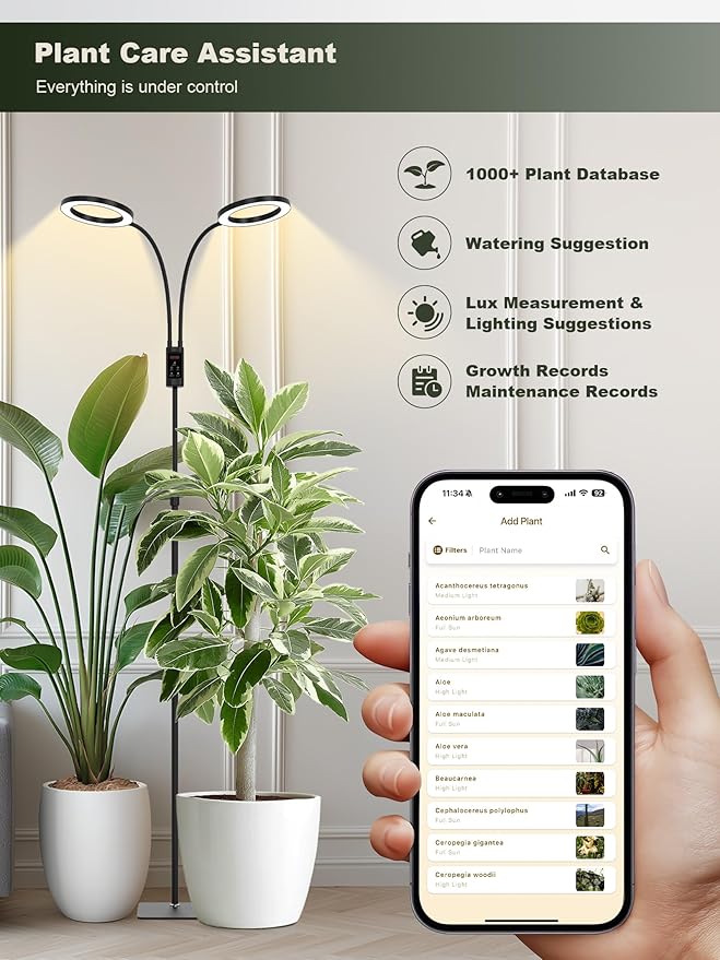 GLOWRIUM Smart Grow Lights for Indoor Plants, 48W Full Spectrum Plant Lights, Bluetooth App & Manual Control, Adjustable Height 47-70.9", Auto Timer, Indoor Plant Lamp for Tall Indoor Plants