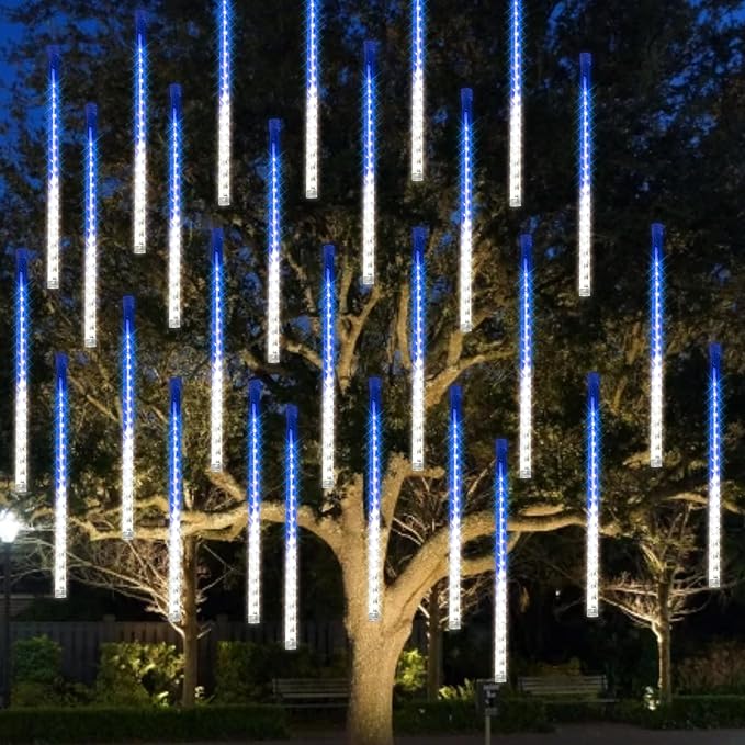Dazzle Bright 288 LED Christmas Light, 11.8 Inch Meteor Shower Rain Lights with 8 Tubes,Waterproof Plug in Falling Rain Lights Christmas Decorations for Xmas Bushes Tree Yard Party, Blue and White