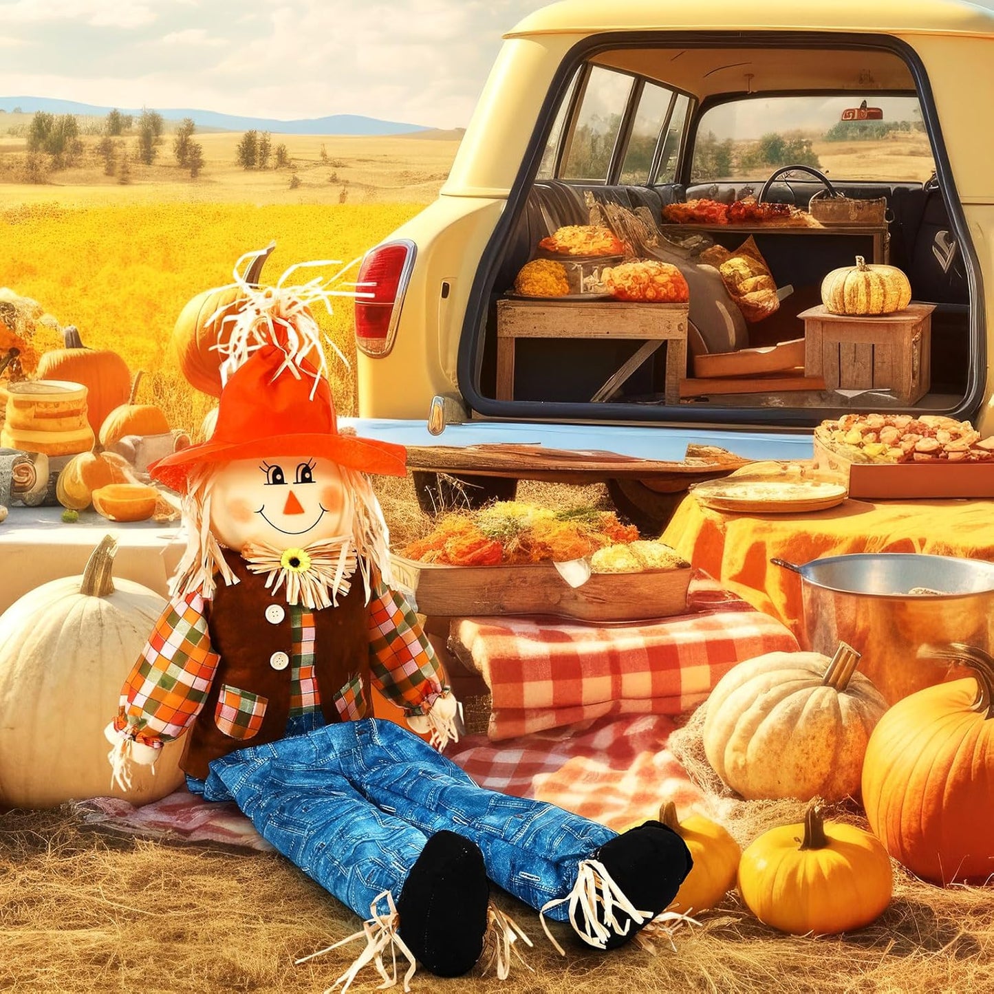 Marsui 1 Pcs 59" Large Outdoor Scarecrow Fall Harvest Thanksgiving Halloween Decoration, Life Size Standing or Sitting Scarecrow Outside Decor for Autumn Garden Yard Porch (Boy)