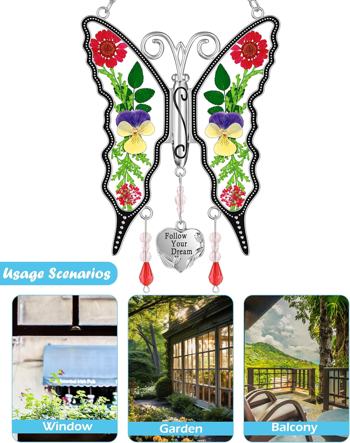 KY&BOSAM Butterfly Suncatcher for Windows Hangings Follow Your Dream Stained Glass Wind Chimes Pressed Flower Between with Heart Charm Birthday Gifts for Women Mother's Day Valentine's