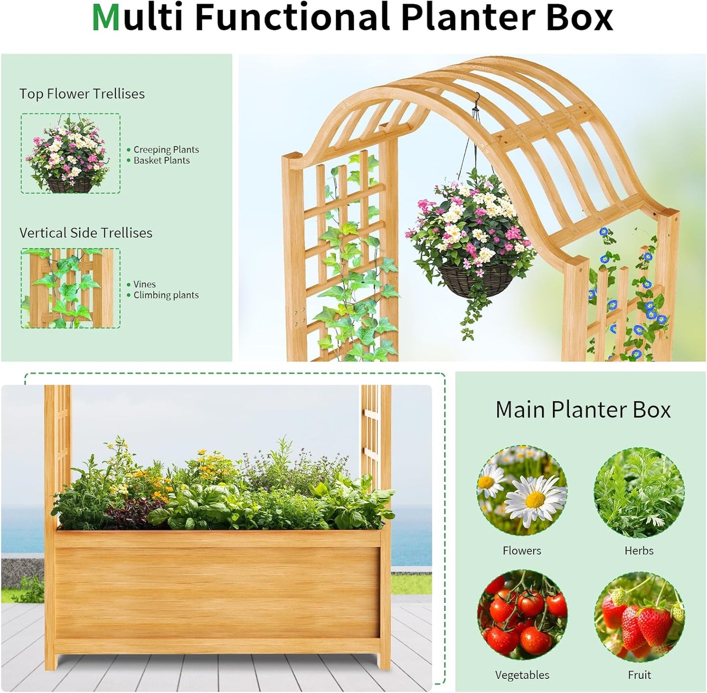 SUNYRISY Raised Garden Bed with Arch Trellis, Wooden Outdoor Vertical Planter Box for Climbing Plant Vine Flowers Vegetables, Planter Raised Bed with Hanging Roof and Drainage Holes