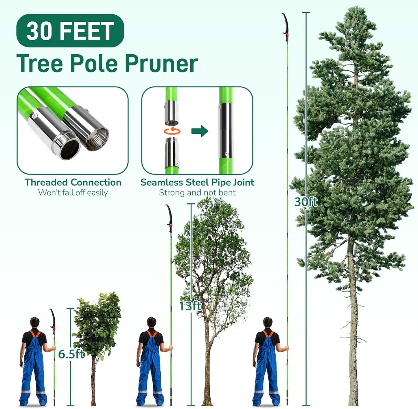 Outvita Manual Pole Saw, 30 Feet Extendable Tree Pruner with Knives and Storage Pocket, Sharp Steel Blade and Scissors High Branches Trimming for Pruning Palms and Shrubs(Green)
