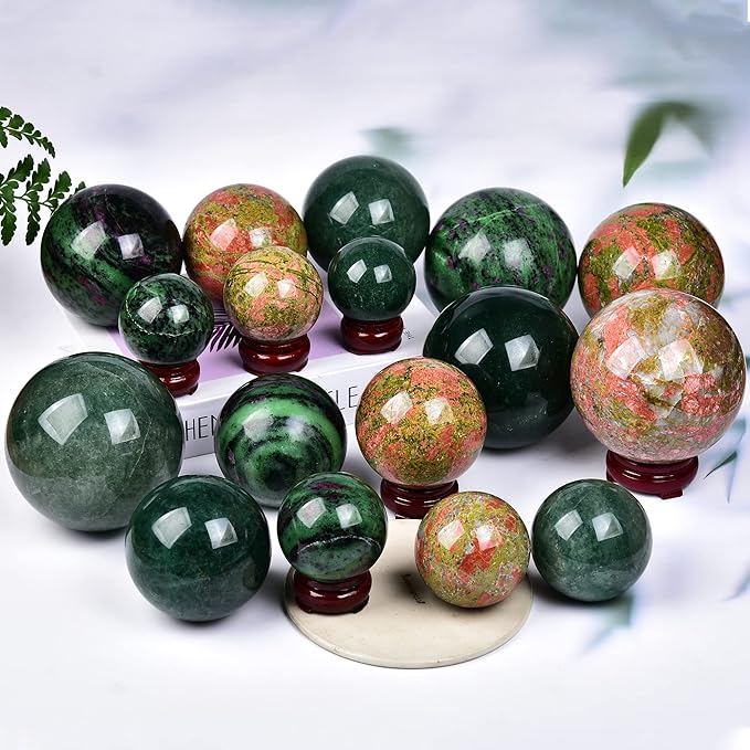 JIC Gem Healing Crystal Sphere Ball with Wood Stand Natural Unakite Rock Gemstone Sphere Crystal Orbs for Meditation Grid Decor (80-90mm)