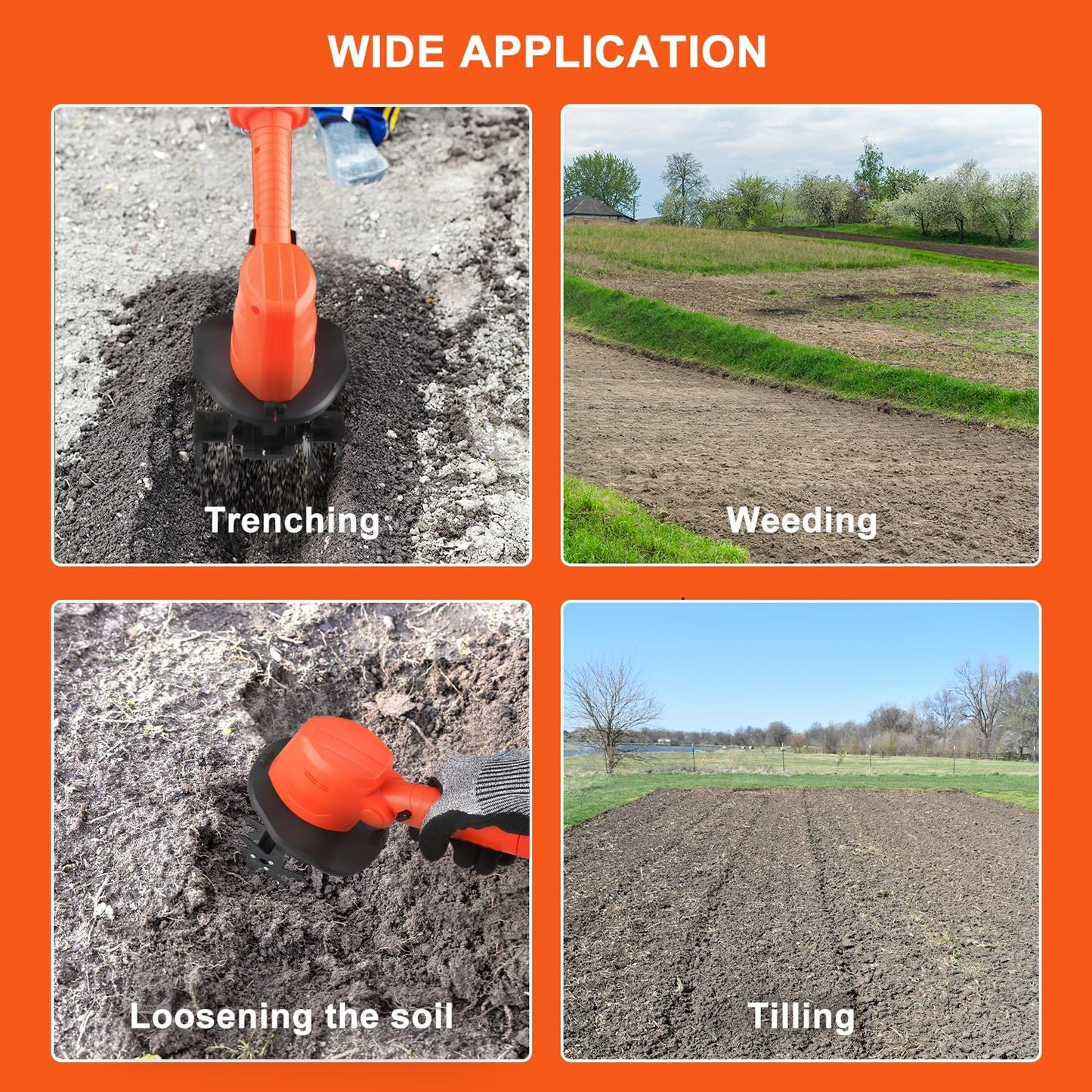 24V Cordless Tiller Cultivator, 4-Inch Tilling Width and Depth, Handheld with Extension Rod, 235 RPM Electric Garden Tiller, Lightweight 1.2kg Body, 2 × 1.5Ah Batteries & Charger (24V - Orange)