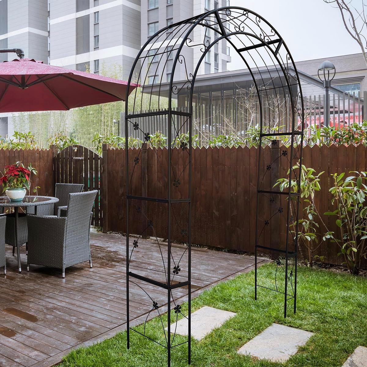 Metal Garden Arch, Garden Arch Trellis for Climbing Plants Outdoor, Garden Arbor for Weddings Party Events Decoration, 58" L X 19" W X 98.4" H, Black
