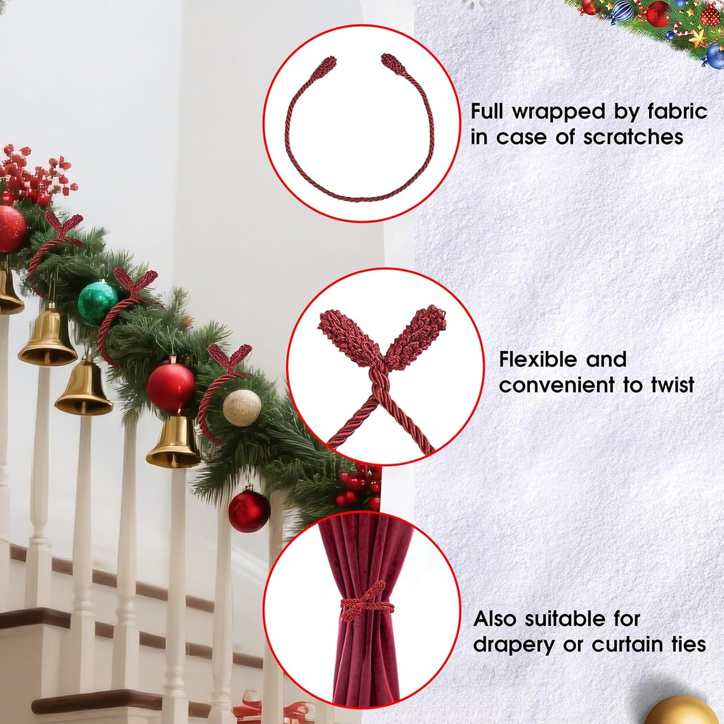 Christmas Garland Ties, 16Pcs 20in Garland Twist Ties for Banister, Reusable and Flexible Decorative Twist Tie for Home Decorations and Holiday Craft Gift Wrapping - Red