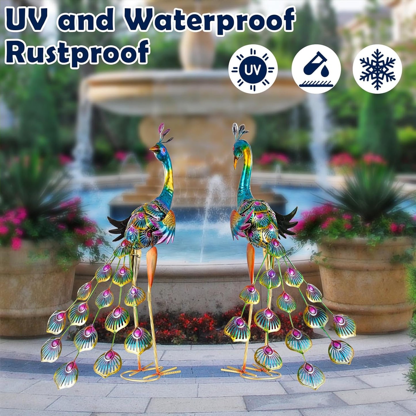 Peacock Garden Statues Metal Peacocks Sculptures for Outdoor Backyard Decor Patio Lawn Porch Yard Decoration (Pack of 2, Blue)