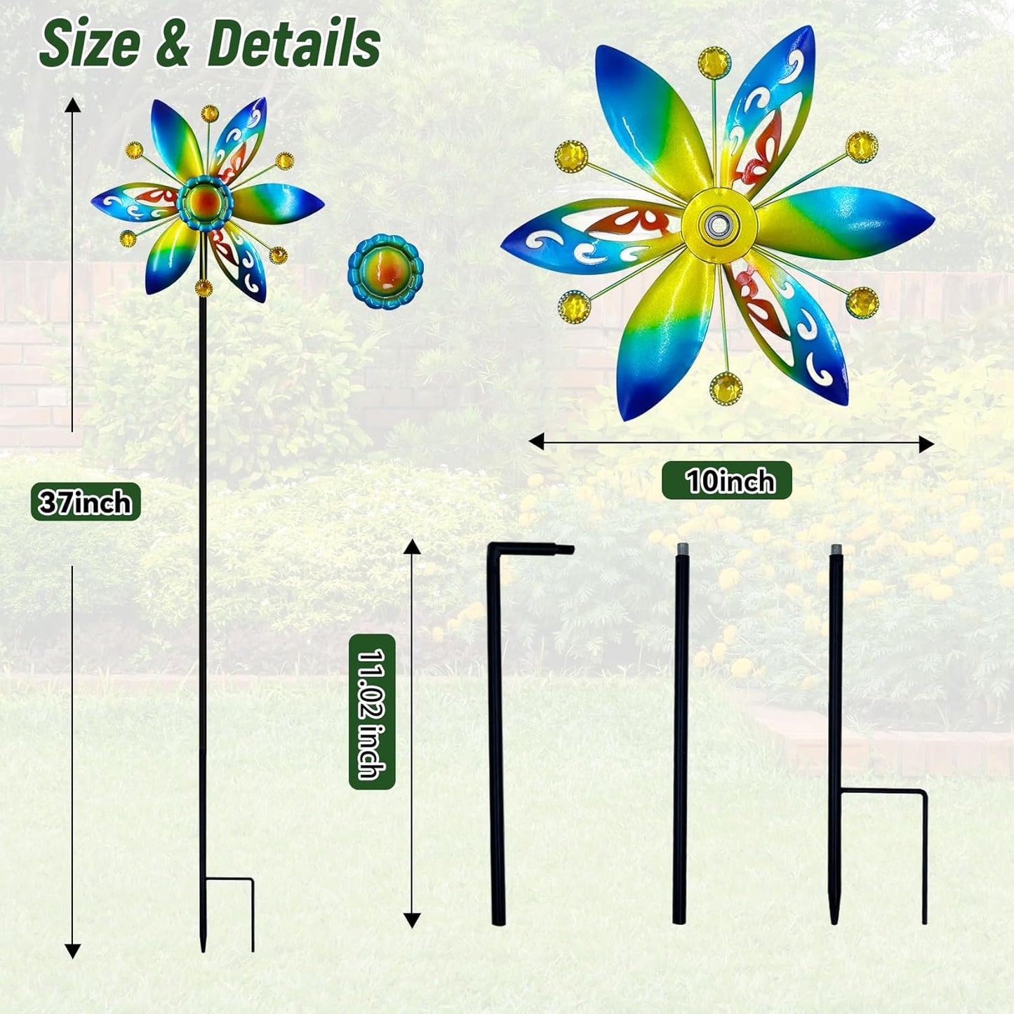 Small Wind Spinner for Outdoor, Kinetic Wind Spinner & Sculpture with Butterfly Cutout Blades & Yellow Acrylic Beads, Decorative Windmill Metal Yard Art for Patio, Lawn & Flower Bed