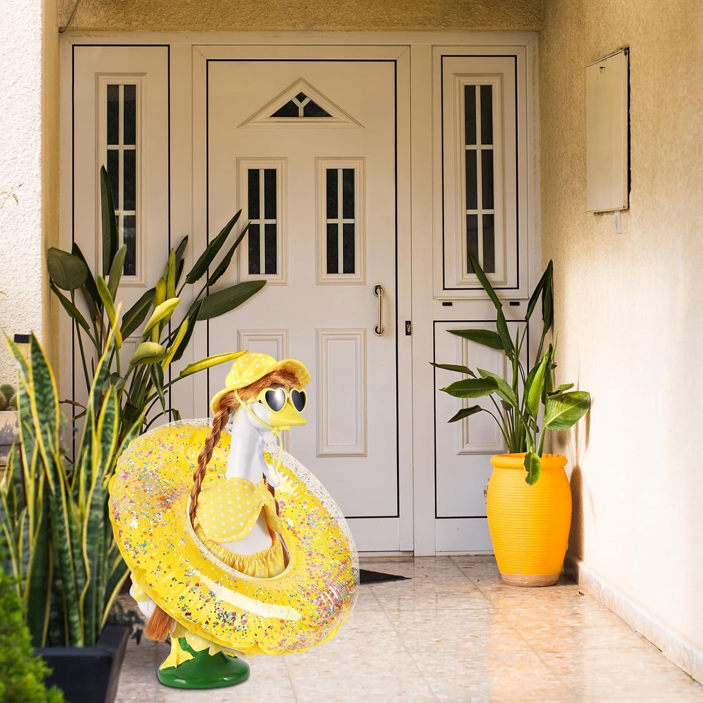 Hawaiian Porch Goose Outfits with Braid Wig Set, Bikini Goose Clothes – Fits 23” Porch Goose Statue, Outdoor Patio Yard & Lawn Decoration