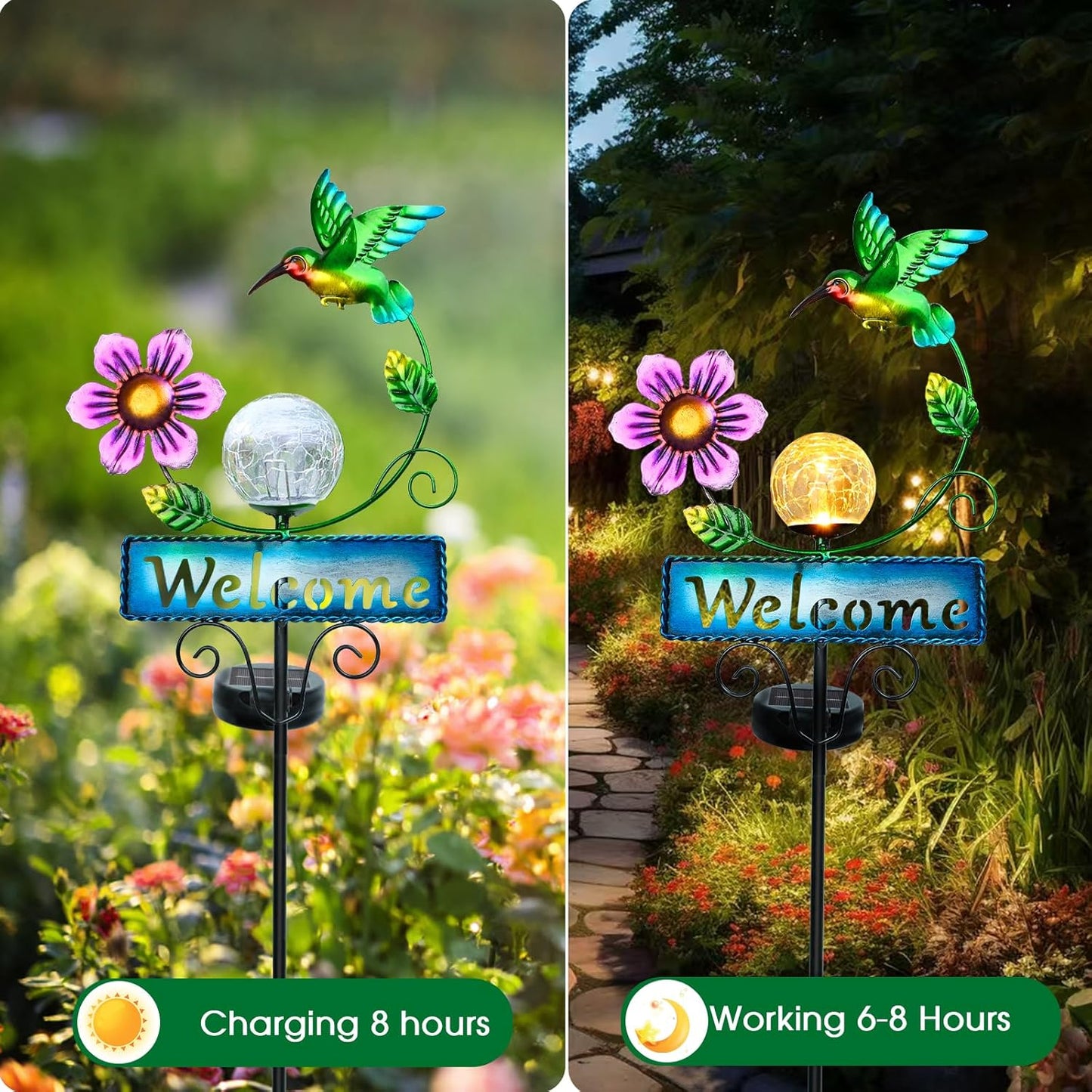 Outdoor Solar Garden Lights with Welcome Sign, Hummingbird Ornament Metal Stake Lights for Lawn, Patio, Cracked Glass Balls (Hummingbird)