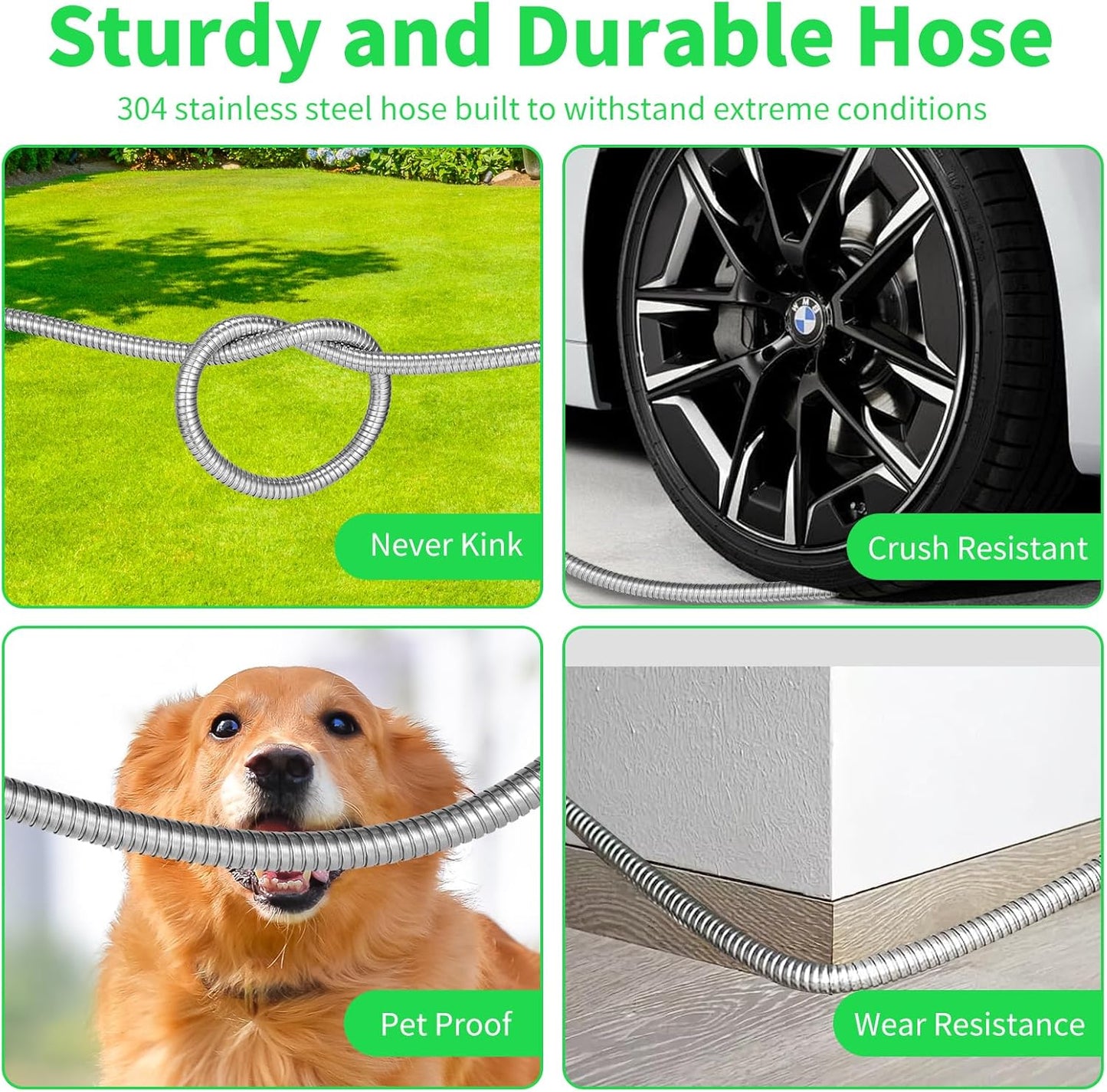 Stainless Steel Metal 25FT Garden Hose Lightweight, Puncture & Rust Proof Heavy Duty Water Hose for Yard, RV, Garden, Outdoor