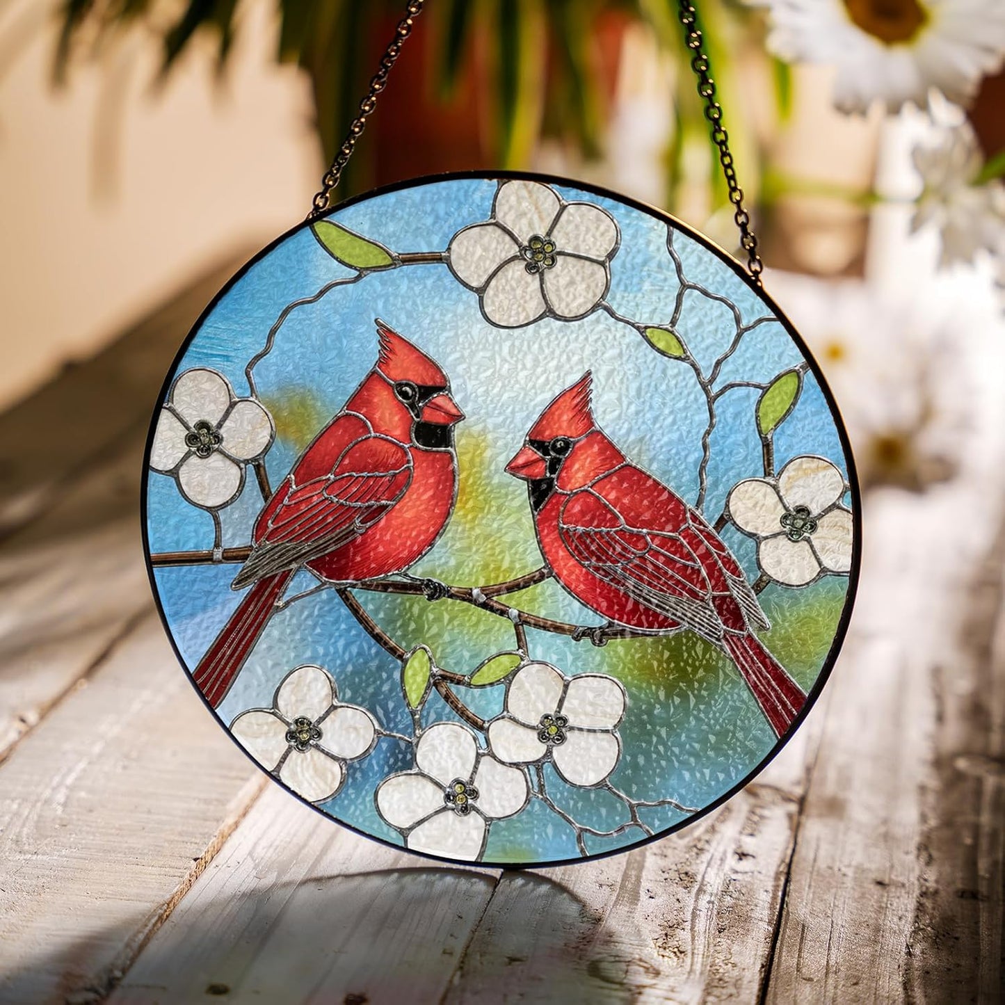 7.8" Cardinal Bird Stained Glass Suncatchers Art Glass Red Birds and Flowers for Sun Catcher Indoor Window Gifts for Nature Floral Bird Lovers Memorial Gift for Women Painted Panel Décor BIRD-37B-SG8