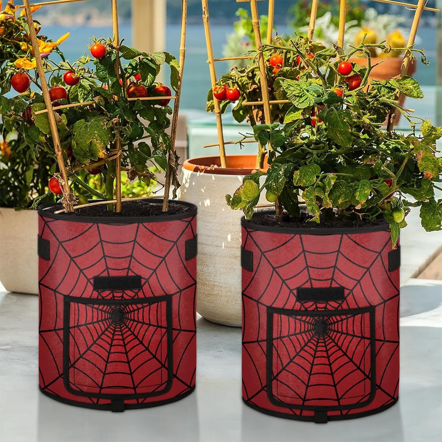 Vegetable Grow Bags Red Spiders Web 7 Gallon Thickened Nonwoven Plant Pot Flowers Potato Fruit Plant Grow Bag with Handle Garden Plant Bag Outdoor 2 Pack