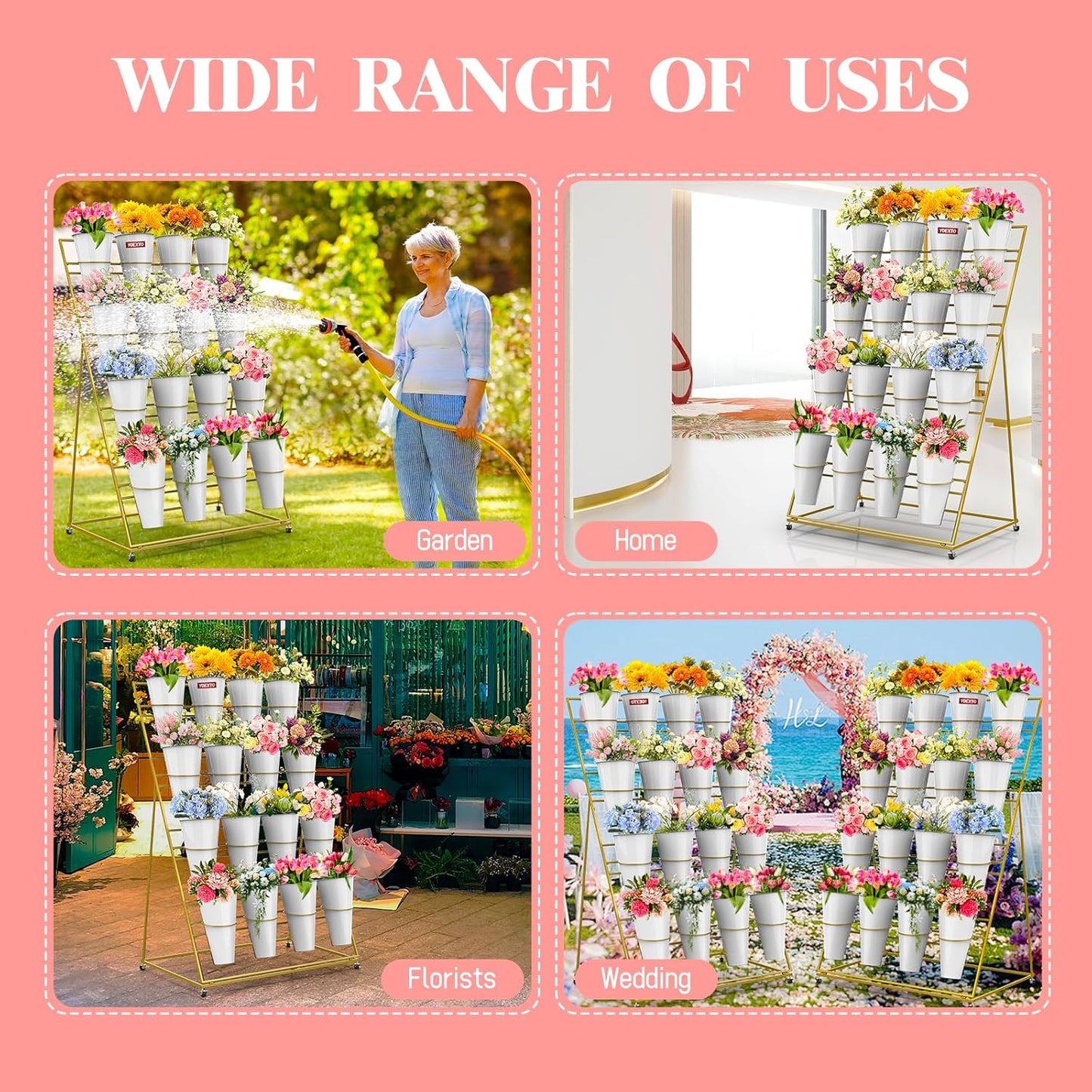 Flower Display Stand with Buckets, 4 Layers 16 PCS Buckets Plant Stand with Wheels, Movable Metal Plant Stand for Terrace Garden, Living Room, Florist Shop (Gold Frame - White Buckets, 4-Tier- 16 Buckets)