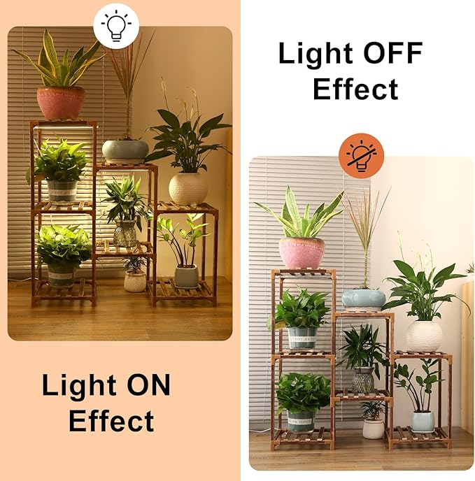 Plant Stand with Grow Light, Plant Shelf Indoor with Full Spectrum Led Grow Light, Timer Function and Brightness Adjustment, 7 Tiered Wood Plant Stand Indoor for Corner | Patio | Living Room