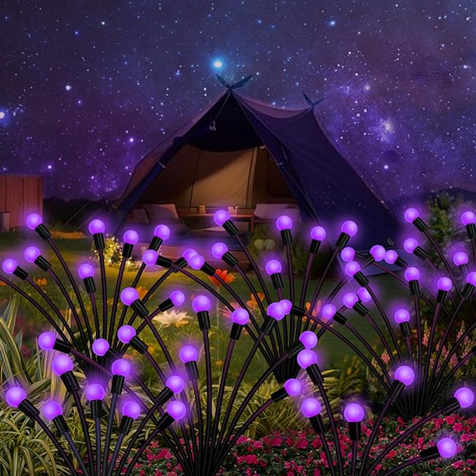 Solar Garden Lights Outdoor, 2 Pack 20 LED Solar Purple Firefly Lights Waterproof, Starburst Solar Wind Swaying Lights for Outside Yard Patio Planter Flower Bed Walkway Halloween Christmas Decoration