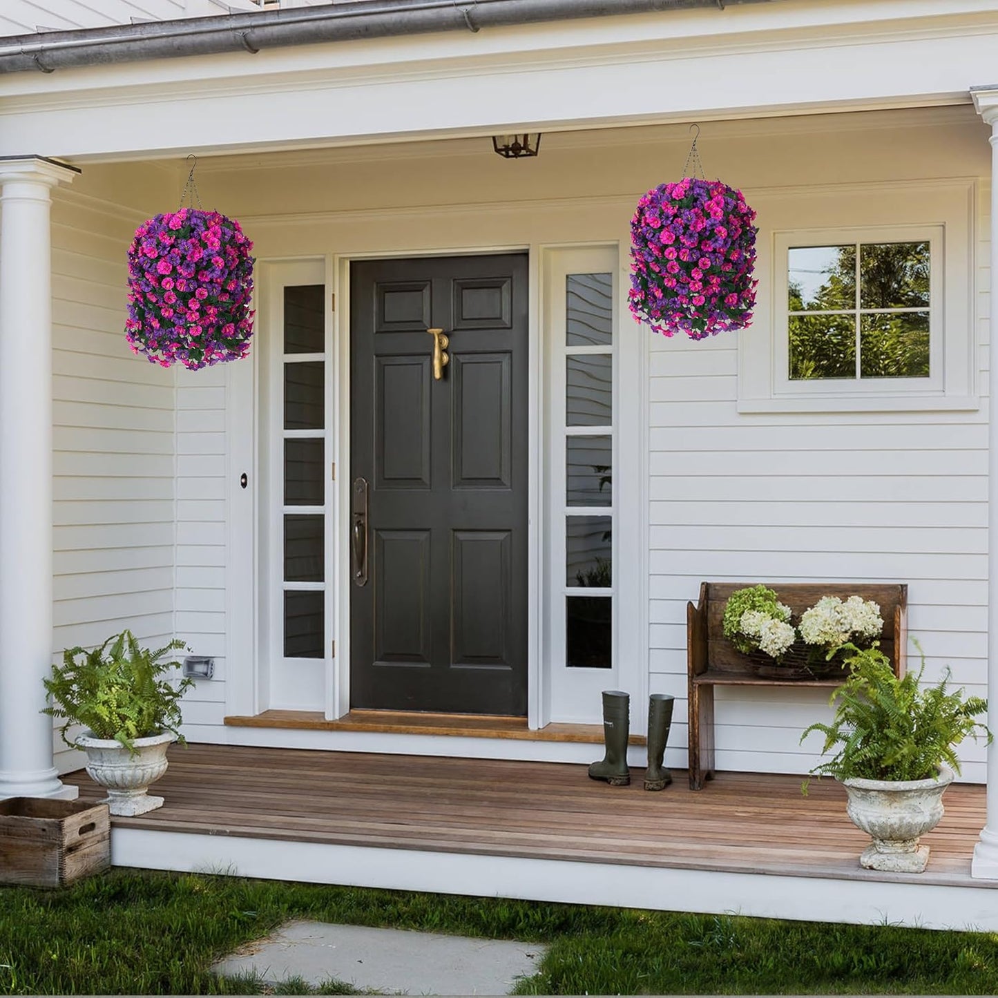 HyeFlora Artificial Fake Hanging Flowers Plants for Outdoor Outside, 2PCS Faux Silk Morning Glory Trailing Vines UV Resistant Look Real for Home Planter Porch Patio (Dark Purple and Fuchsia)