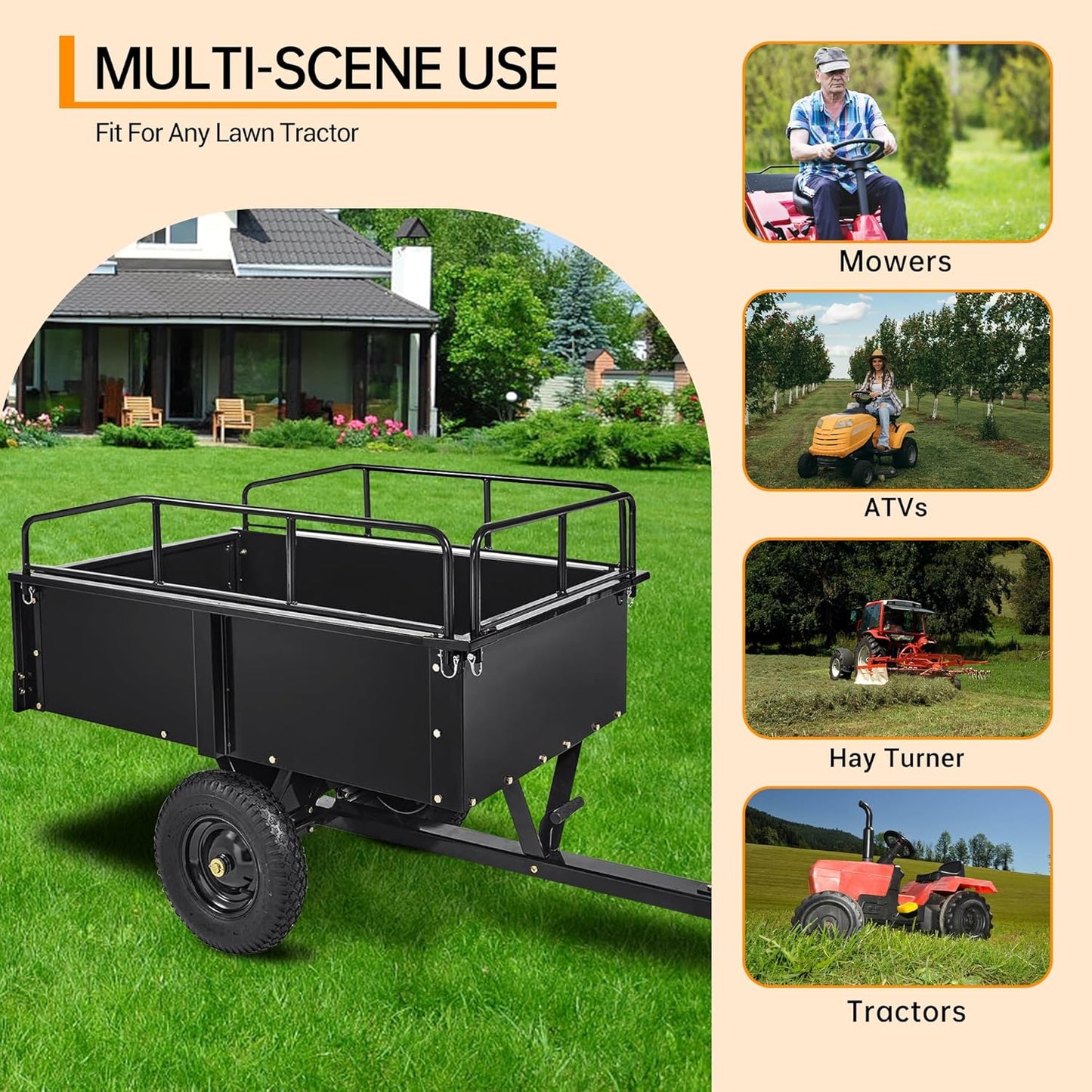 750 LBS Heavy Duty ATV Trailer Tow Behind Steel Dump Cart, 15 Cu. Ft Garden Utility Trailer with Removable Sides & Rear Hitch for Riding Lawn Mower Tractor, Black