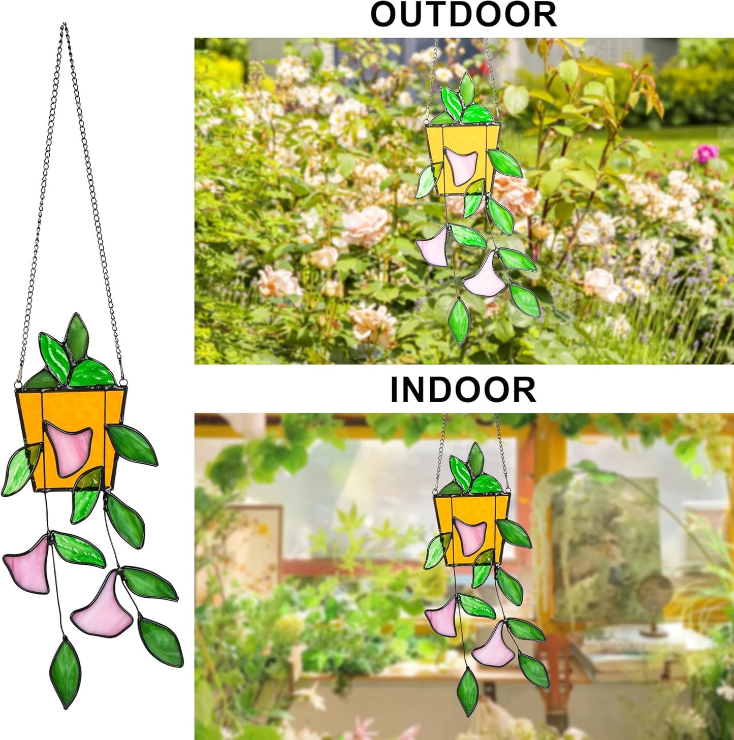 Plant Stained Glass Window Hanging, Green Leaf Morning Glory Stained Glass Suncatchers Plant Suncatchers Hanging Ornament Plant Gift for Plant Lovers