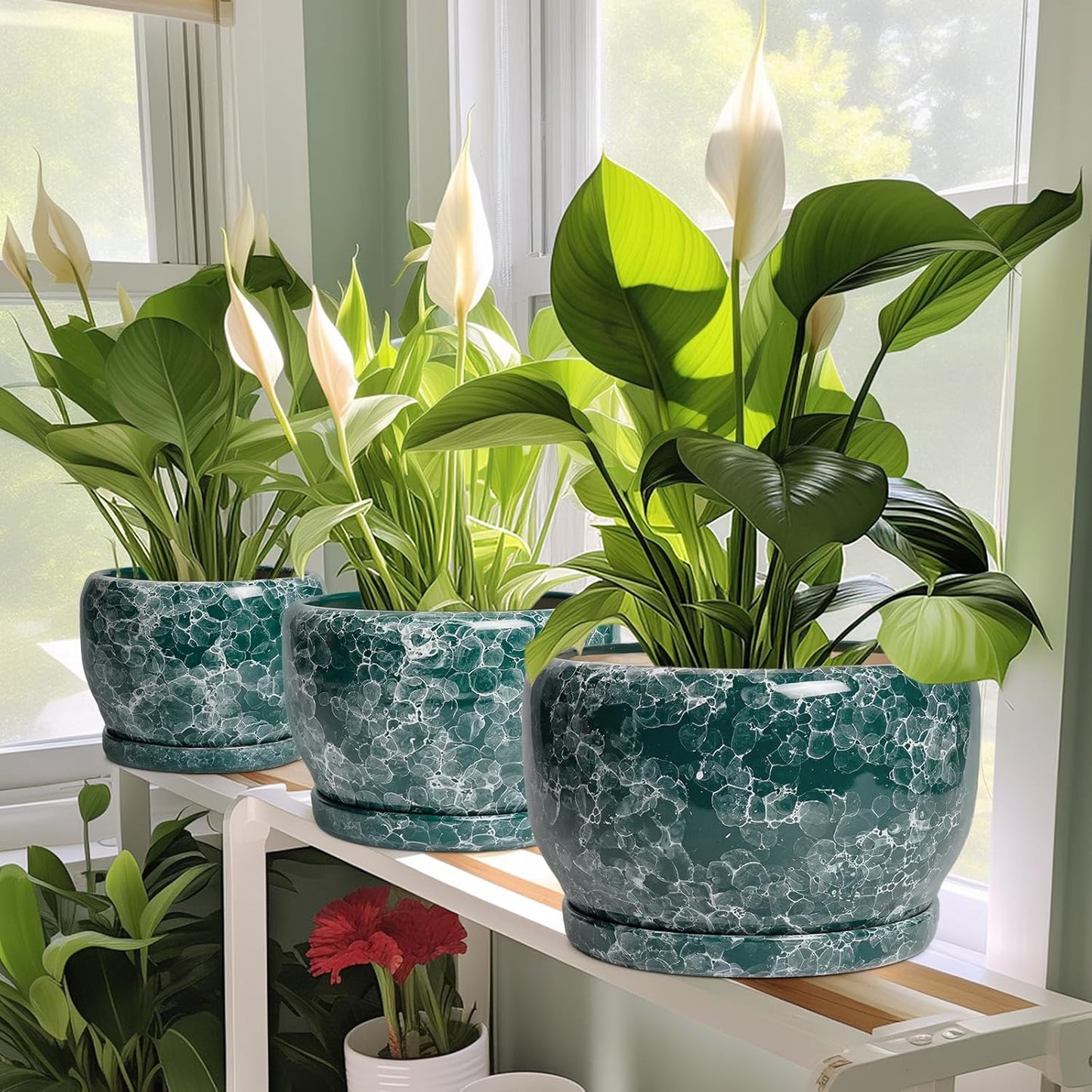 SQOWL 10 Inch Plant Pot - Ceramic Planter for Indoor Plants Outdoor, Large Ceramic Flower Pot with Drainage Hole and Saucer, Decorative Round Planter, Living Room Decor, Gifts for Women Men, Green