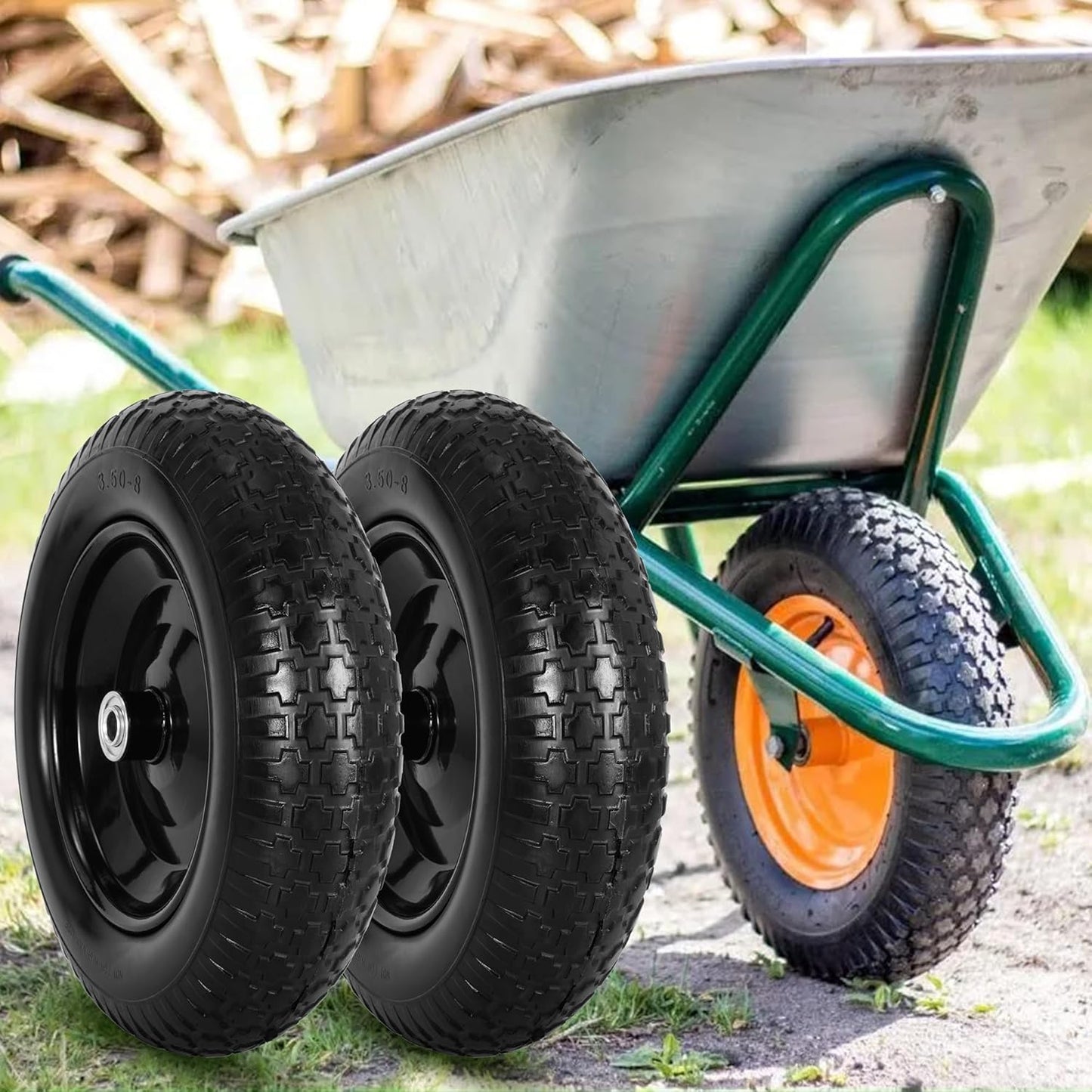 14.5" Flat Free Wheelbarrow Wheels and Tires, 3.50-8" Flat-Free Solid Tire with 5/8" Axle Bore Hole for Wheelbarrow Lawn Mover Trolley Dolly Go Kart Replacement