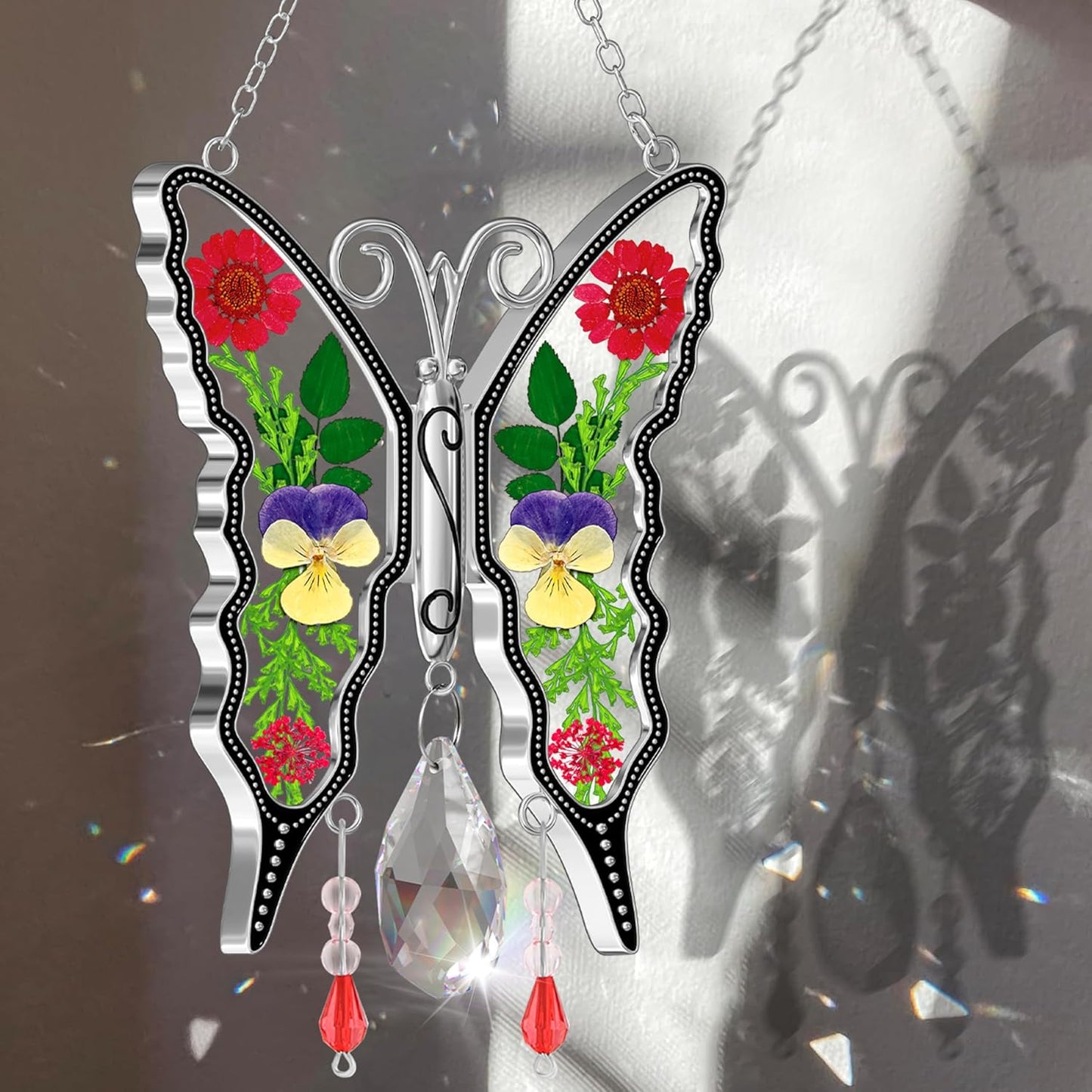 KY&BOSAM Crystal Butterfly Suncatchers for Windows Hanings Stained Glass Wind Chimes with Metal Charms Colorful Rainbow Prisms Garden Decor for Mom Grandma Christmas Wedding Gifts 8" Hanging Ornament