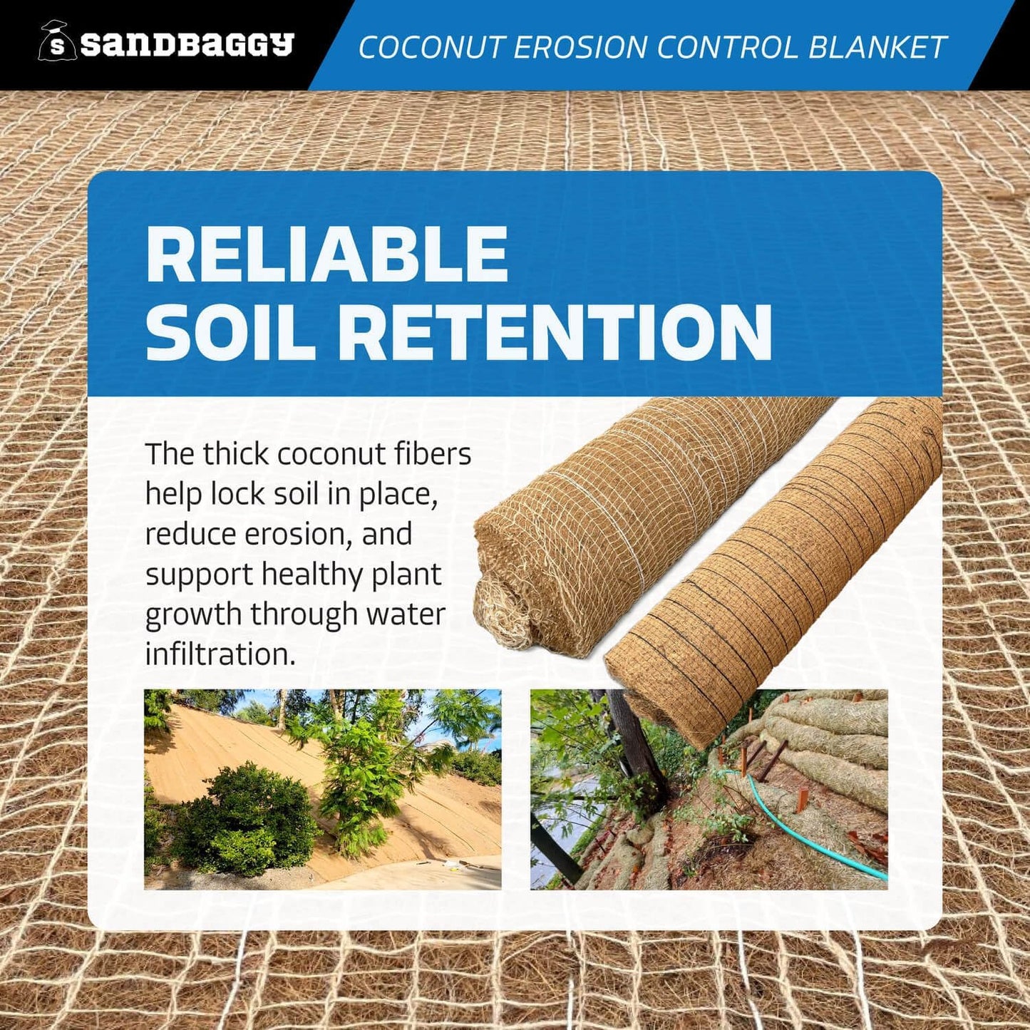 Sandbaggy Coconut Erosion Control Blanket – 3.75 ft x 120 ft Coir Mat for Soil Retention, Slope Stabilization, Plant Growth & Ground Cover – Ideal for Hillsides & DOT Projects - 5 Rolls (2,250 sq ft)
