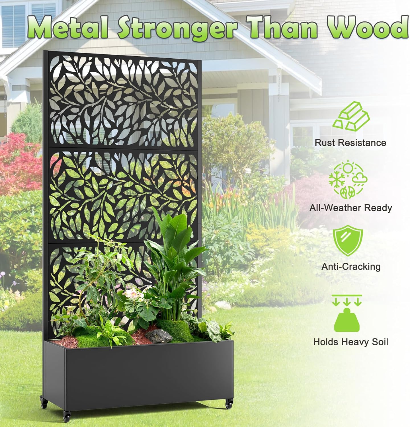 15.7"×70.9"×35.4" Metal Raised Garden Bed with Trellis and Wheels - Tall Trellis Planter Box for Climbing Plants, Vegetables & Vines - Outdoor Privacy Planters for Patio (Black)
