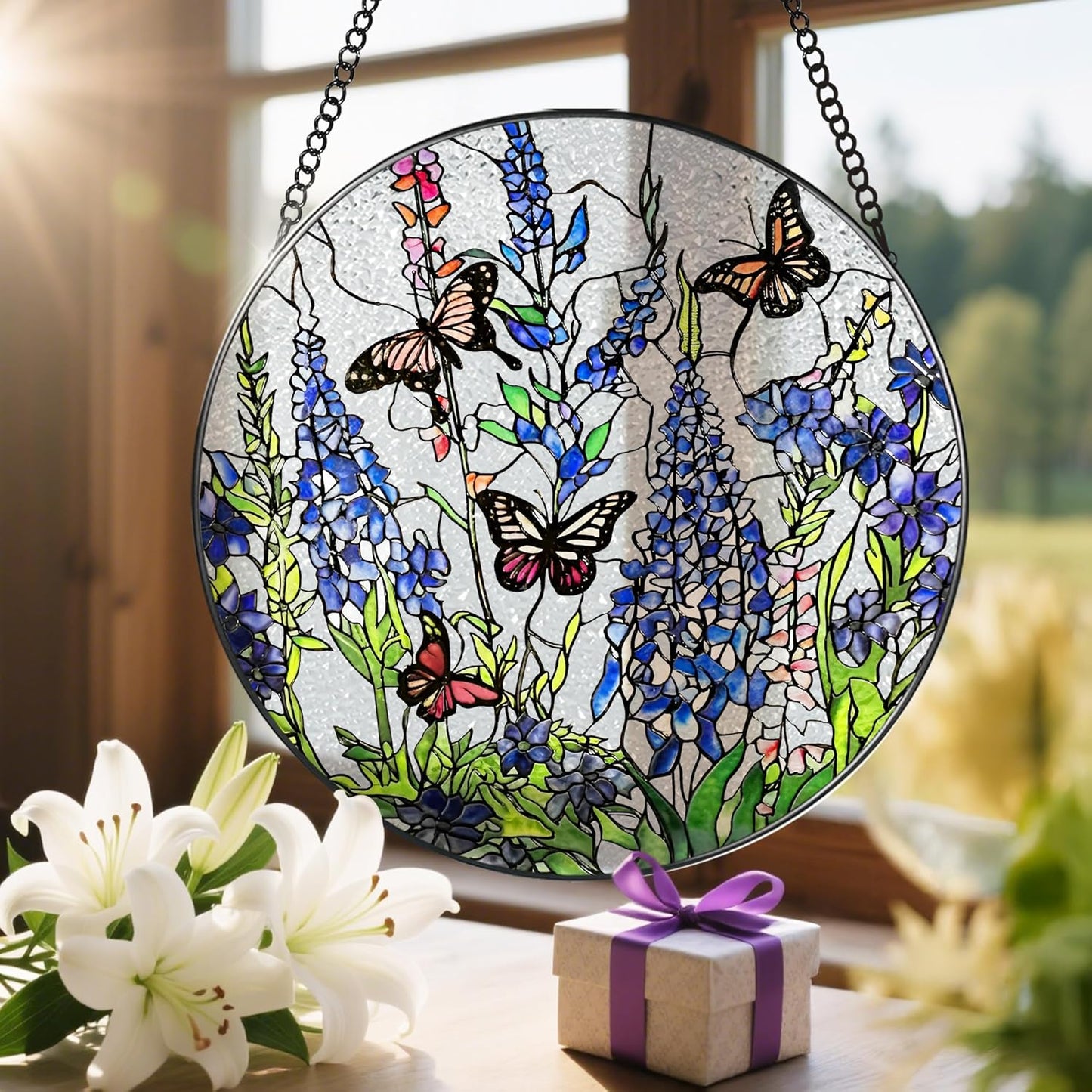 Lavender Monarch Butterfly Stained Glass Suncatcher, 8 Inch Windows Hanging Art, Stained Glass Windows Hanging, Plant Lover Gifts for Women, Gifts for Butterfly Lovers, Idea Gift, Gift Exchange