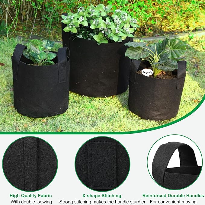 JERIA 24-Pack 5 Gallon Nonwoven Grow Bags, Plant Grow Bags,Heavy Duty Aeration Fabric Pots with Durable Handles, Come with 24 Pcs Plant Labels