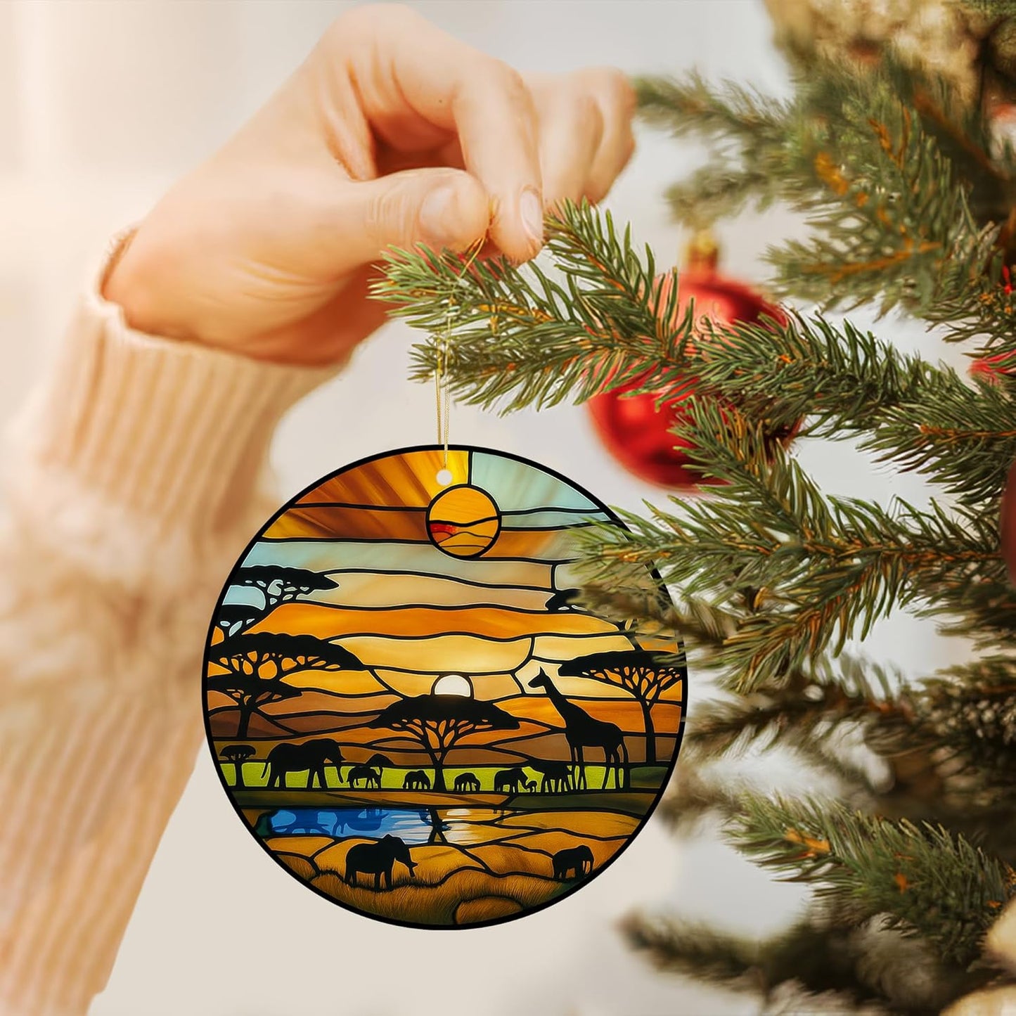 Acrylic Stained Glass Suncatcher Ornament – African Safari Sunset with Giraffes Elephants Trees – 4 Inch Acrylic Window Hanging Boho Home Décor Gift for Animal Lovers, Christmas Tree, (Sun-31)