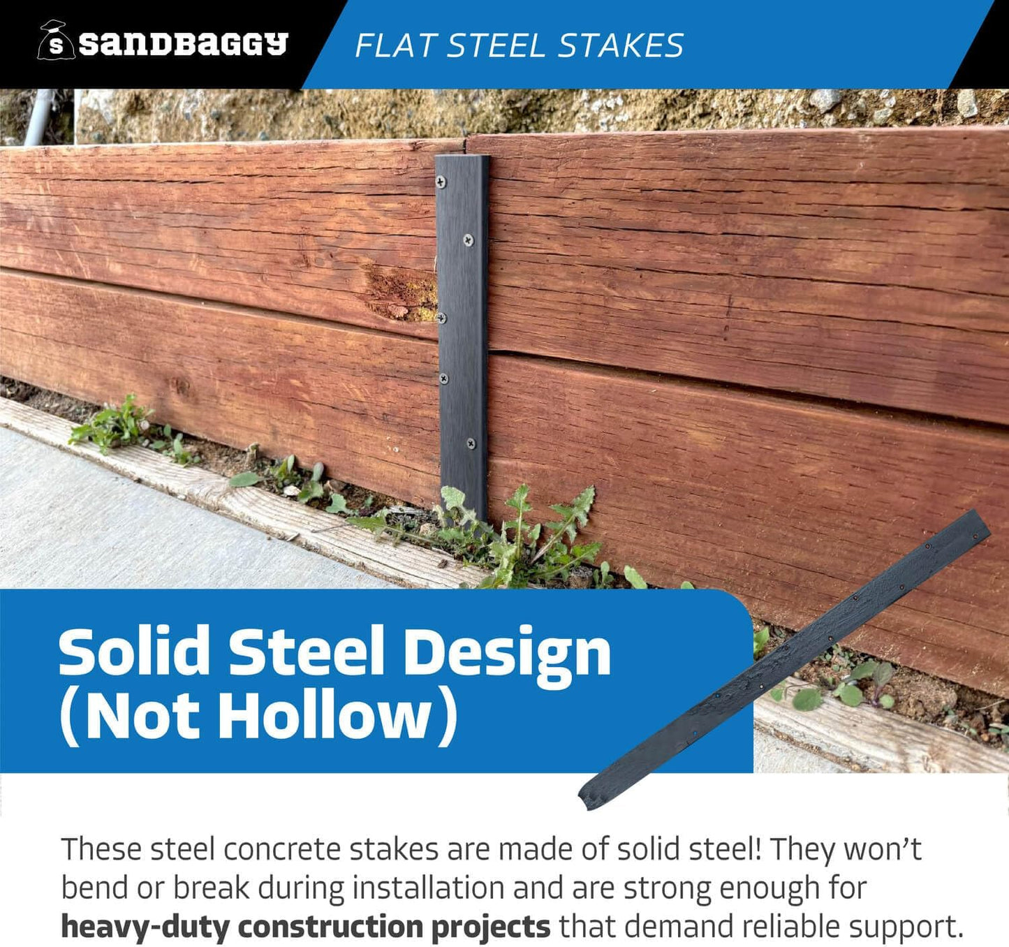 Sandbaggy Flat Steel Stakes for Concrete Forms with Nail Holes - 1.5" Wide - Painted - Removable, Reusable, V Point End - Construction Grade Stakes (5, 24 inch)
