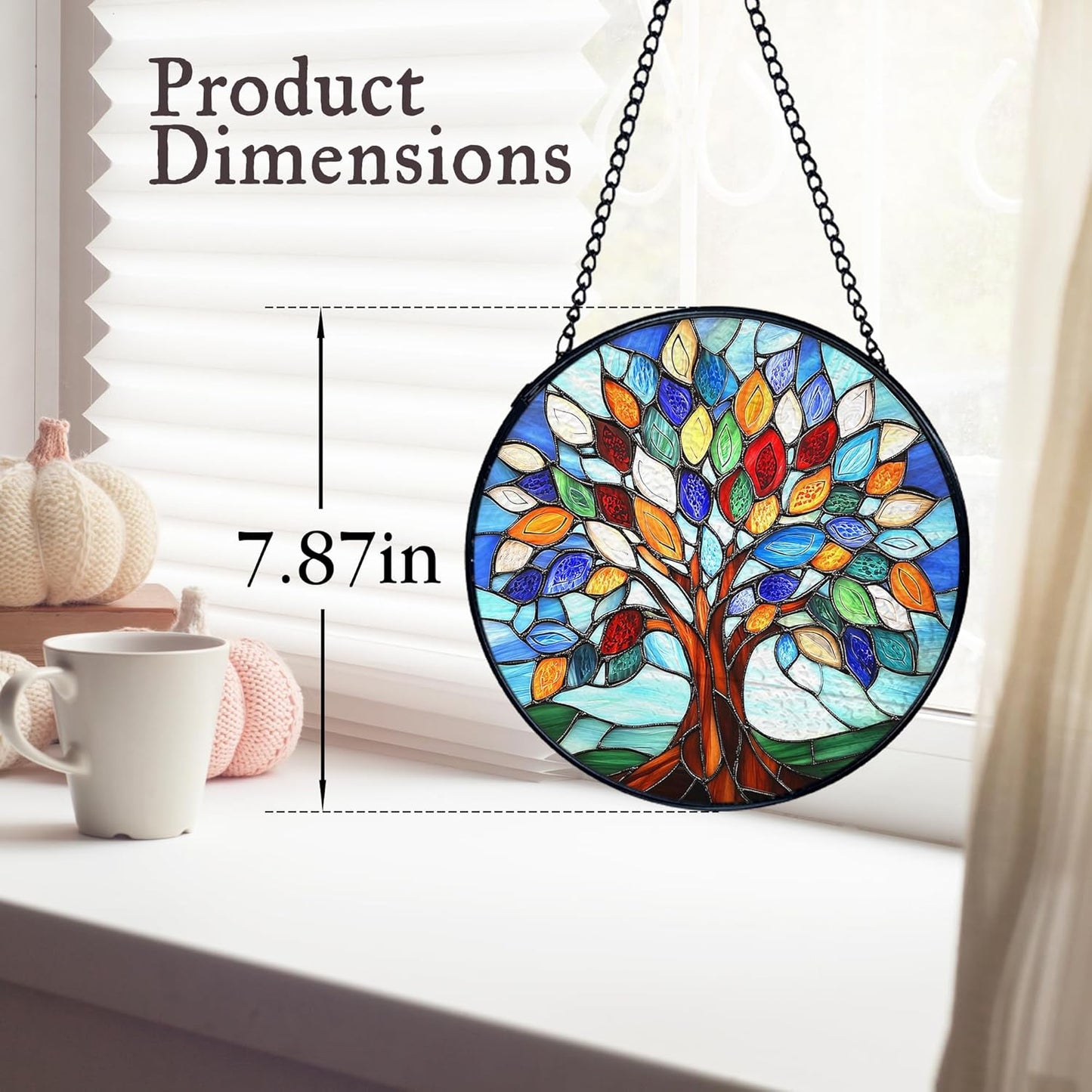 kdqua Tree of Life Suncatcher Stained Glass Window Hanging, Sun Catchers Indoor Window Glass Round Wall Decor, Nature Wall Art Hanging Decorations Statues Christmas & Birthday Gifts, 7.9x7.9in