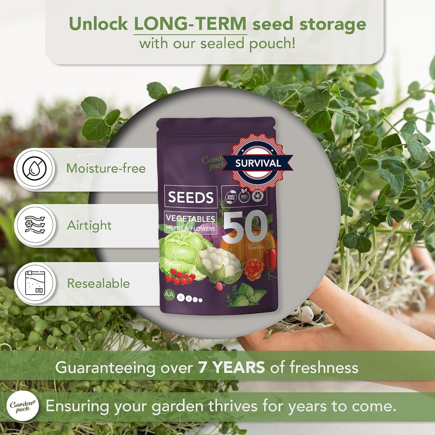 Garden Pack Seeds Pouch - 50 Varieties of Vegetable, Herb & Flower Seeds for Planting - 25,000 Non GMO Heirloom Seeds - Garden Seeds for Vegetable Garden